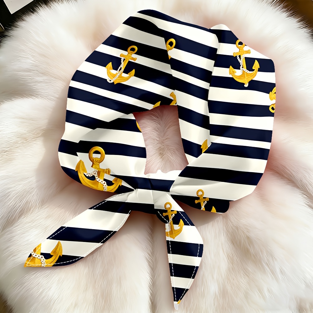 TEMU Square Scarf A Versatile Anchor And Stripe Pattern Neckerchief Scarf Decorative Neck Warmer This Square Scarf Is Light, Thin, Skin-friendly,