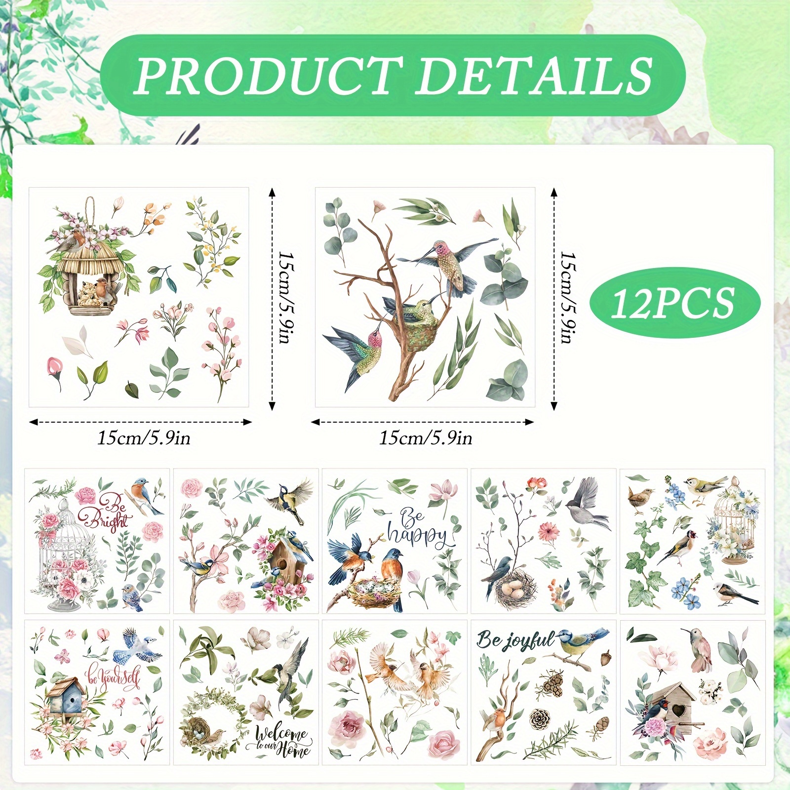 Image of Flower Bird Rub On Transfers For Crafts 12 Sheets Rub On Transfer Stickers For Furniture Vintage Floral Leaf Rub On Transfers For Home Decor 5.9x5.9 Inch