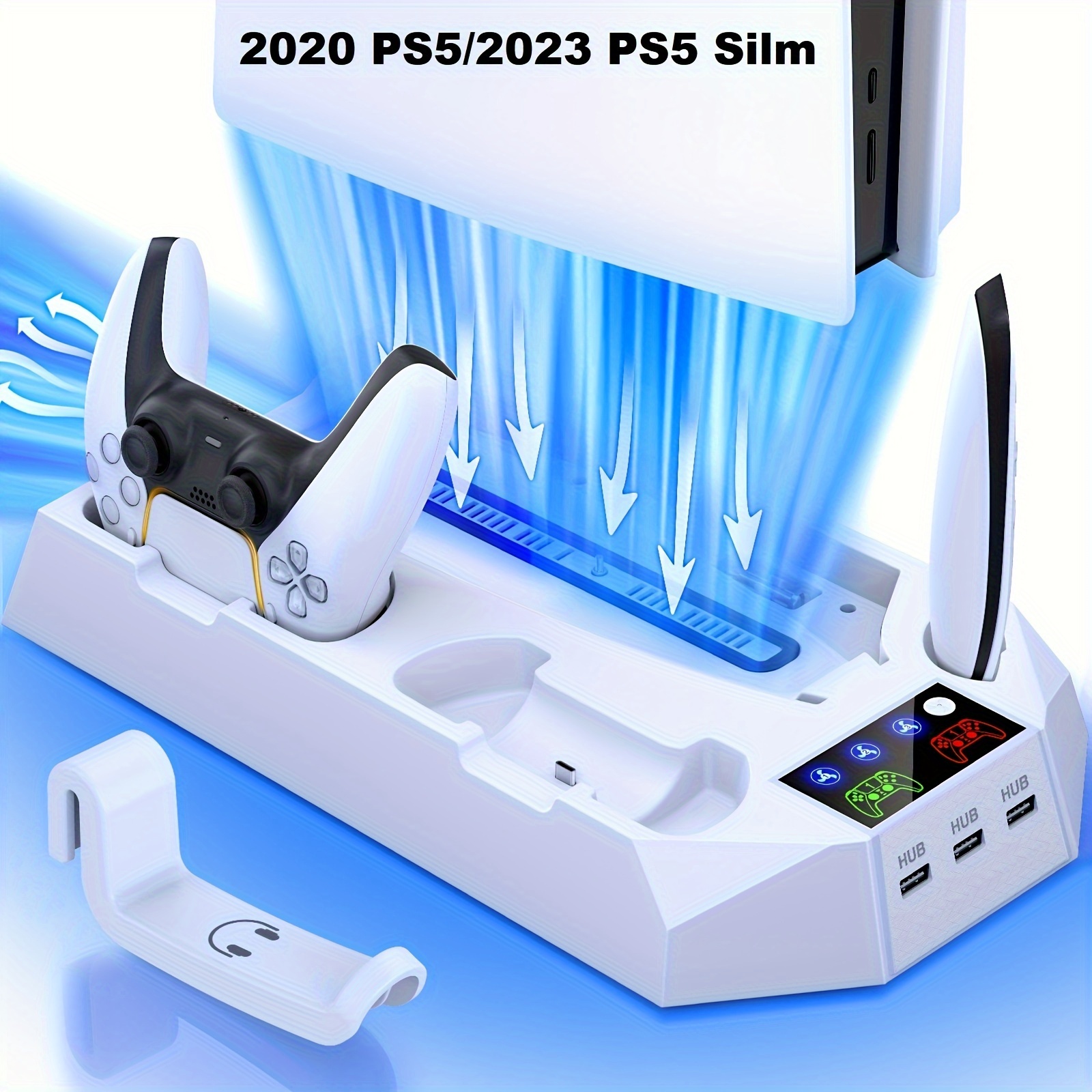 

For Ps5 Stand With Dual Charging Station Compatible With 2020 Ps5 And 2023 Ps5 Silm Console With Led Indicator, 3 Usb Port, Smart Charging Protection, Fast Charging Function, White