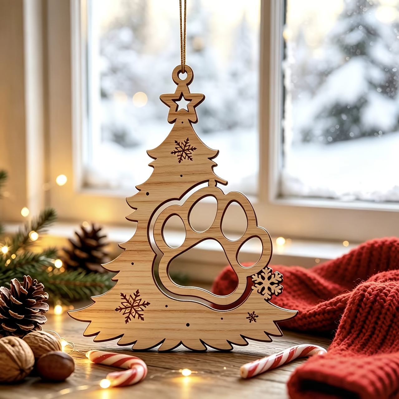 TEMU Personalized Print Christmas Tree Ornament - Elegant Cat And Dog Paw-shaped Decor - Artificial Wooden Hanging Ornament, Suitable For Christmas,