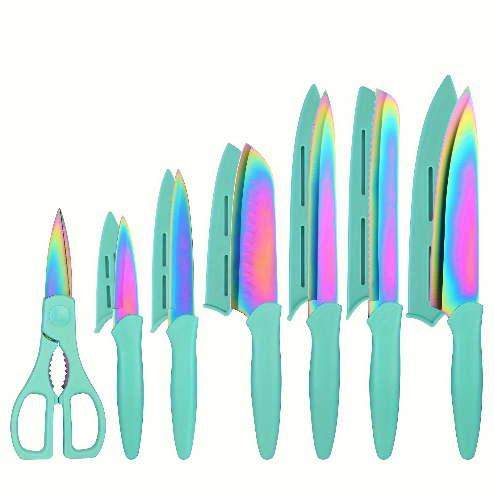 TEMU 13 Piece Coating Stainless Steel Knives Set, Anti-rust And Dishwasher Safe, 6 Knives With 6 Blade Covers And Shear