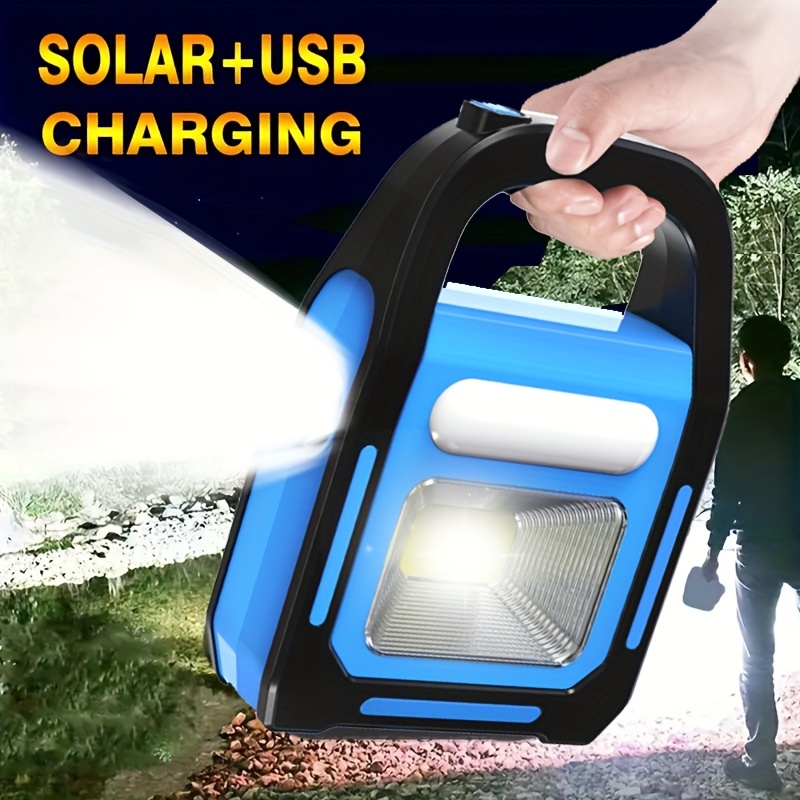 

1pc Solar & Usb Charging Cob Led Camping Lantern, 3-in-1 Multifunctional Waterproof Emergency Flashlight With 3 Light Modes, Device Charging Capability, Outdoor Portable Size 7.67x5.31x2.36 Inches