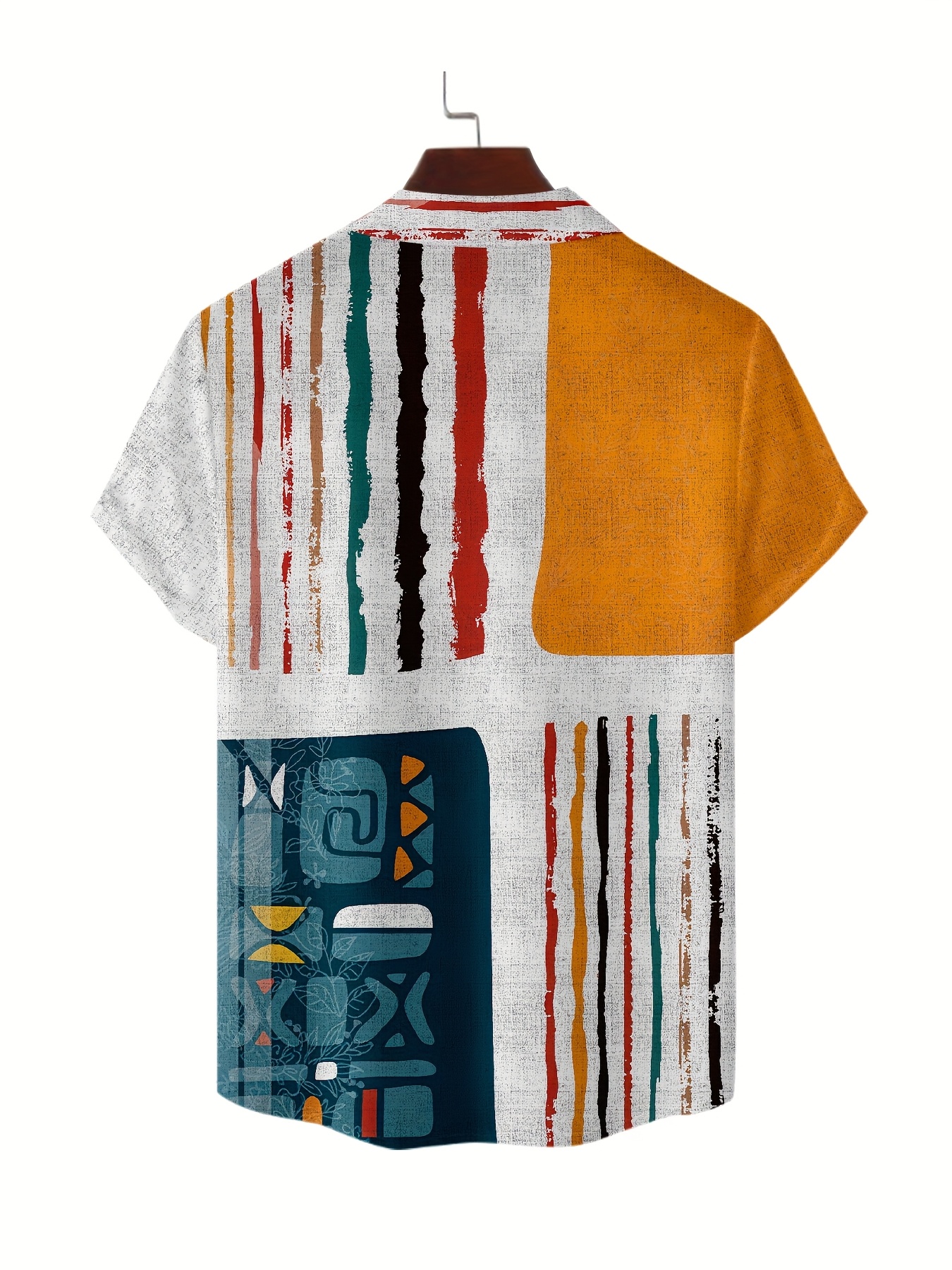 قميص رجالي ريترو - ياقة قائمة مع أزرار أمامية، قماش غير مطاطي - مناسبة للفعاليات الرسمية والكاجوال - ألوان البرتقالي/الأزرق/الأسود/الأبيض/التيل - ملابس صيفية وعملية - سهل الغسل في الآلة، قطعة أساسية متعددة الاستخدامات، تصميم هندسي متميز، نسيج محكم، قميص بأكمام قصيرة