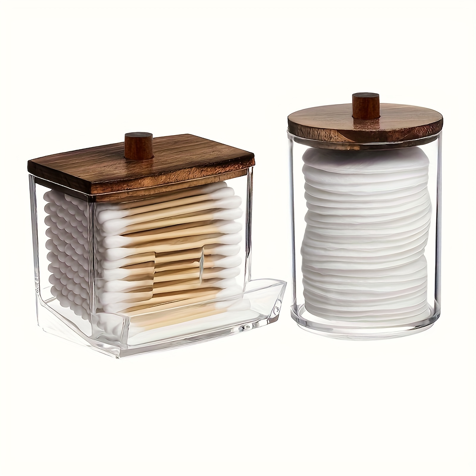 

1/2pcs Cotton Swab Holder With Brown Wooden Lid, Bathroom Container, Storage Box For Cotton Buds Ball Floss, Apothecary Jar Organizer For Storage