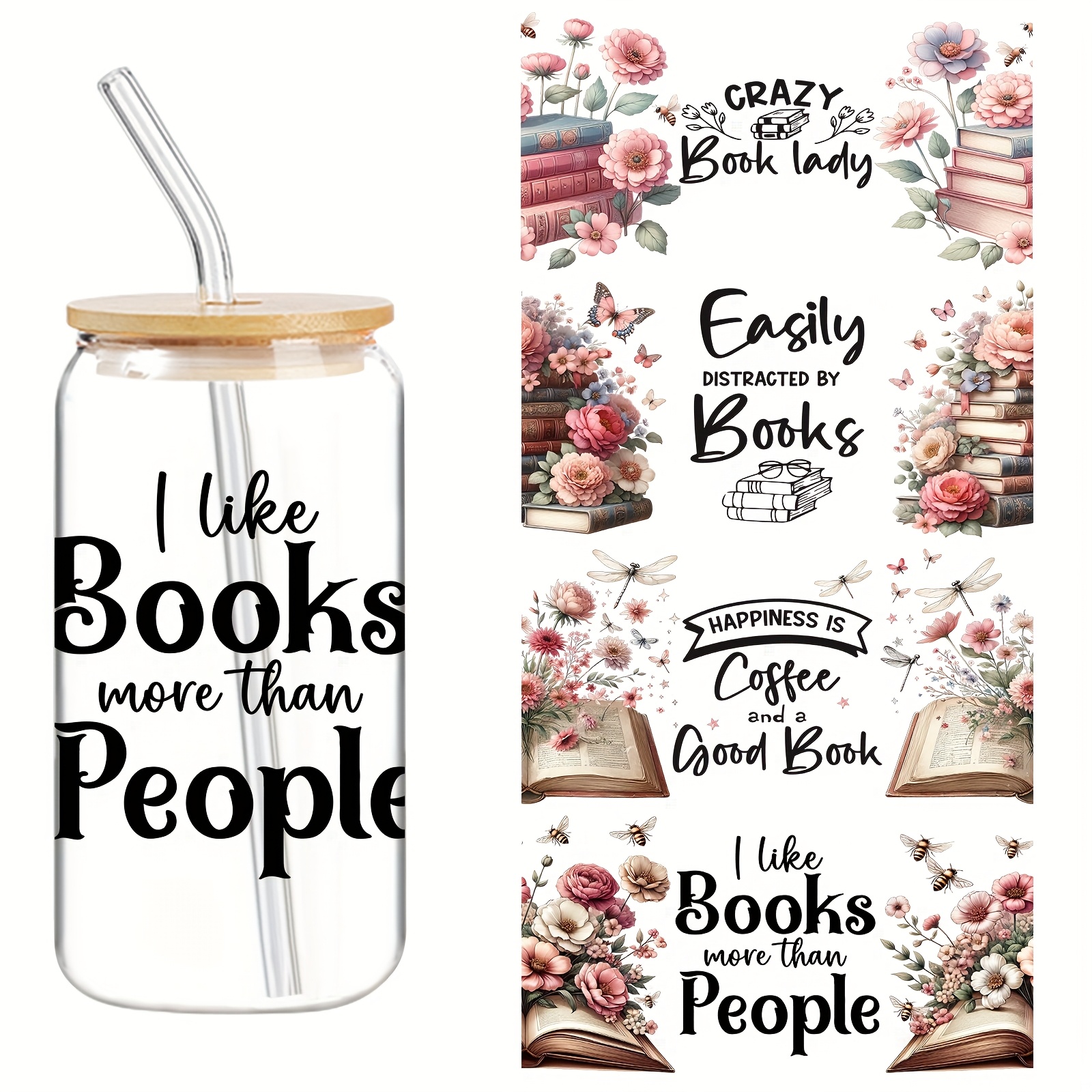 

4pcs -themed Uv Dtf Transfer Stickers, Waterproof & -resistant, 16oz Glass Jars & Diy Projects, Featuring Humorous & Inspirational Quotes With Floral Designs, Book Stickers