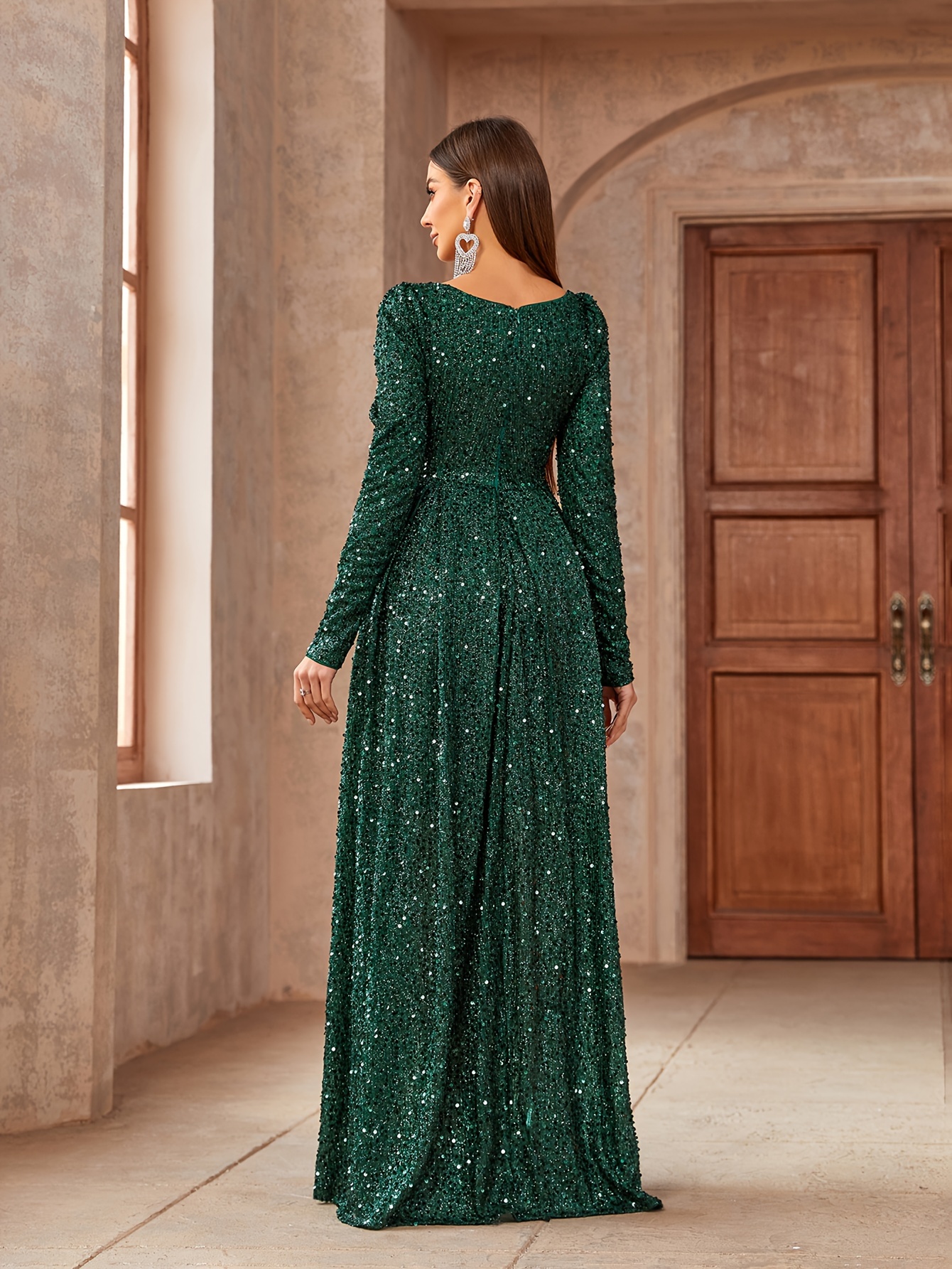 green a line dress with sleeves Green Striped Long Sleeve A-Line Penni Midi Dress