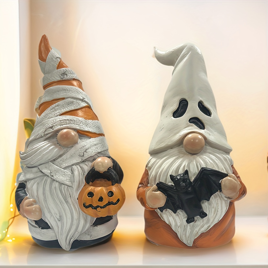 Image of Collectible Figurines, 2-piece Halloween Gnome Decorative Figurines, Resin Statues In Pumpkin And Bat Designs, Perfect For Home, Garden & Office Holiday Accents