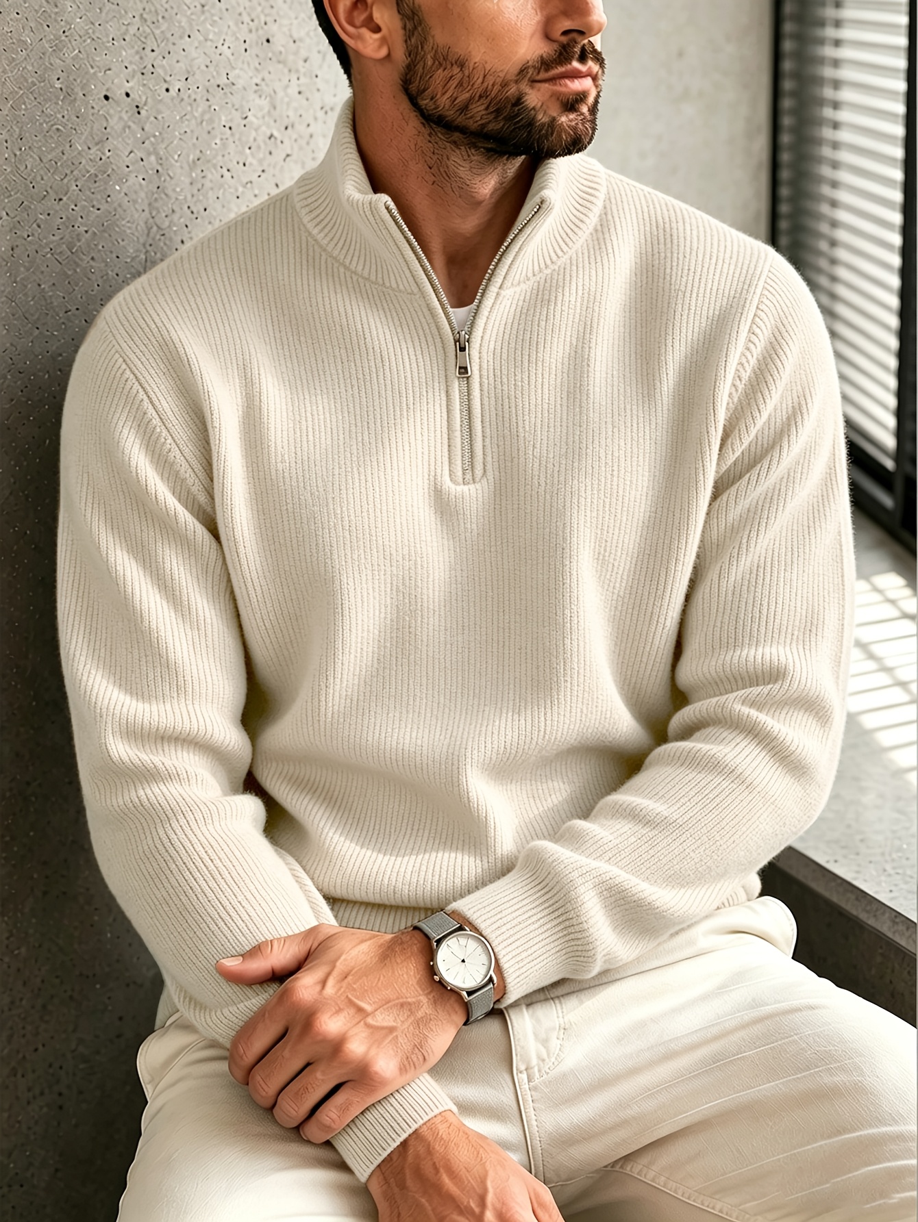 photo de l'article pull en   à demi-zip et à   pour homme, automne/hiver, avec un col à demi-zip pour un style ajustable.   décontractée   un confort   serrer, tandis que     simple offre un attrait   et  . vêtements dhiver pour homme