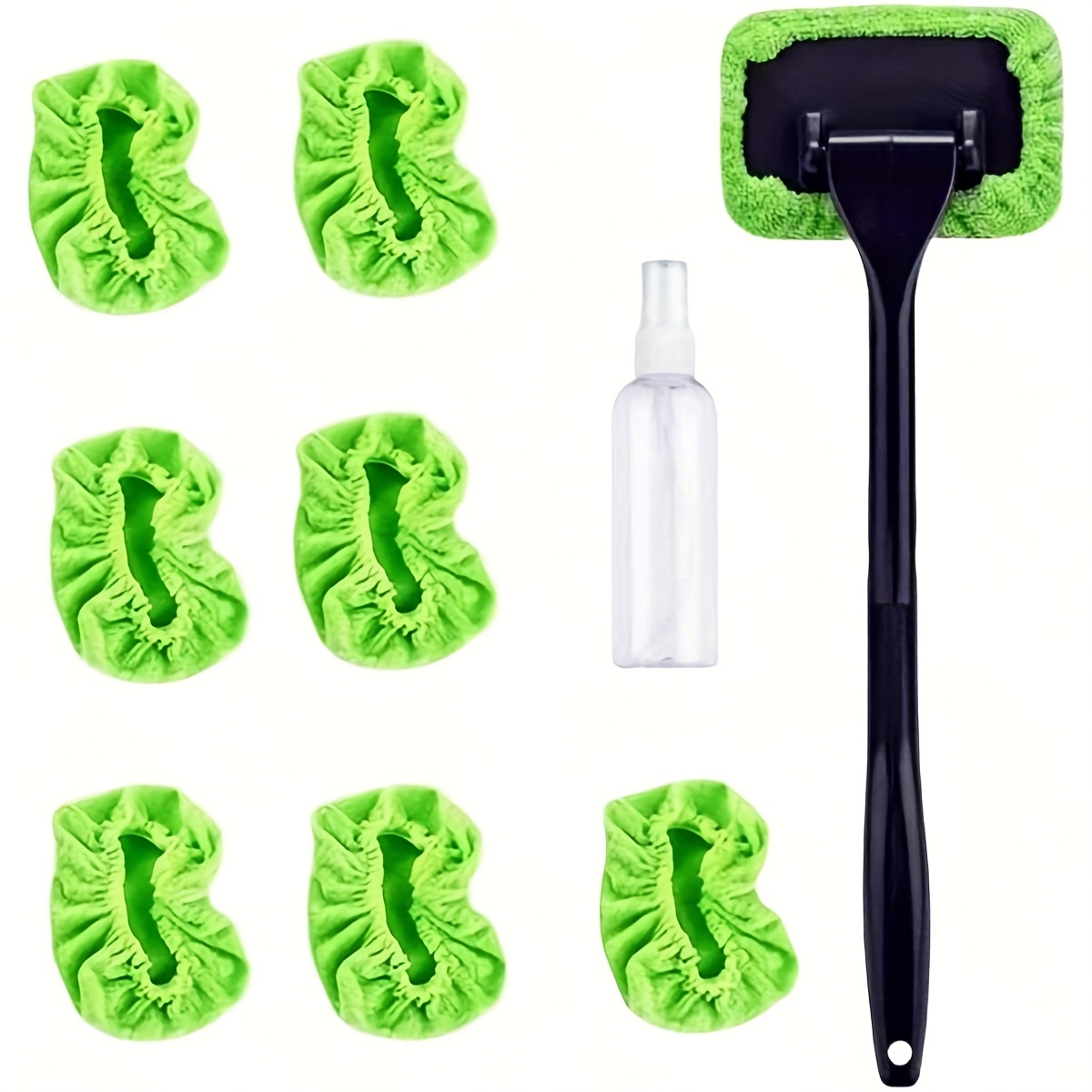 9pcs Windshield Cleaning Tool Set With 7 Reusable And Washable Microfiber Pads And A Retractable Handle, Green Car Interior Glass Wiper Kit