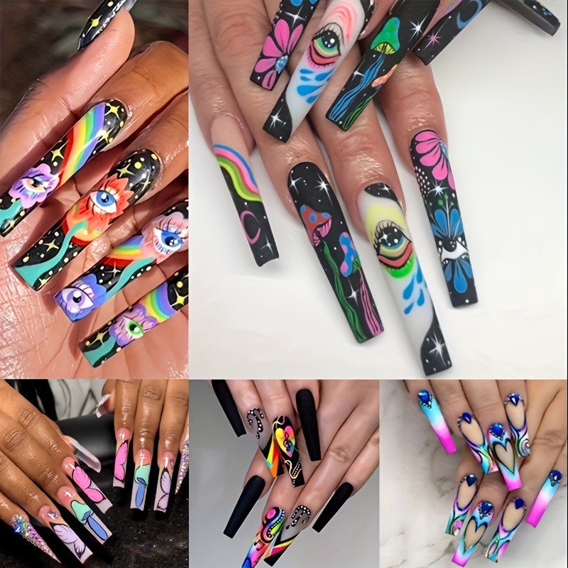 TEMU 5 Boxes (120pcs Extra Long Press On Nails Fake Nails Set - Eyes & Crystal Rhinestones Matte With Glue On Nailscolorful Stripes Floral Patterns-wearable Nail Art - Festive Gift Set