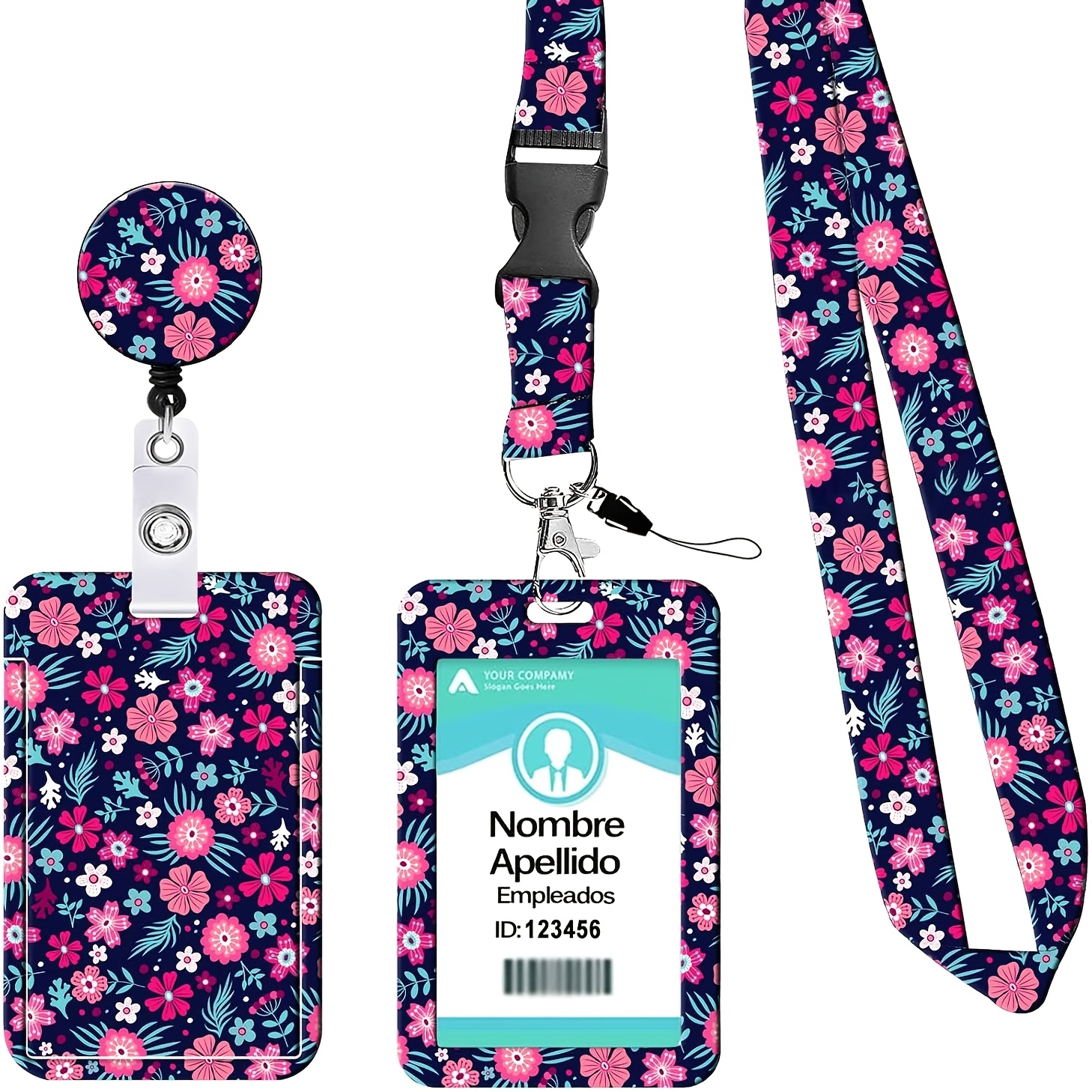 TEMU 2d Floral Pattern Individual Holder With Easy-pull Hook Retractable Lanyard And Key Ring Durable Plastic Card Case Suitable For Multi-document