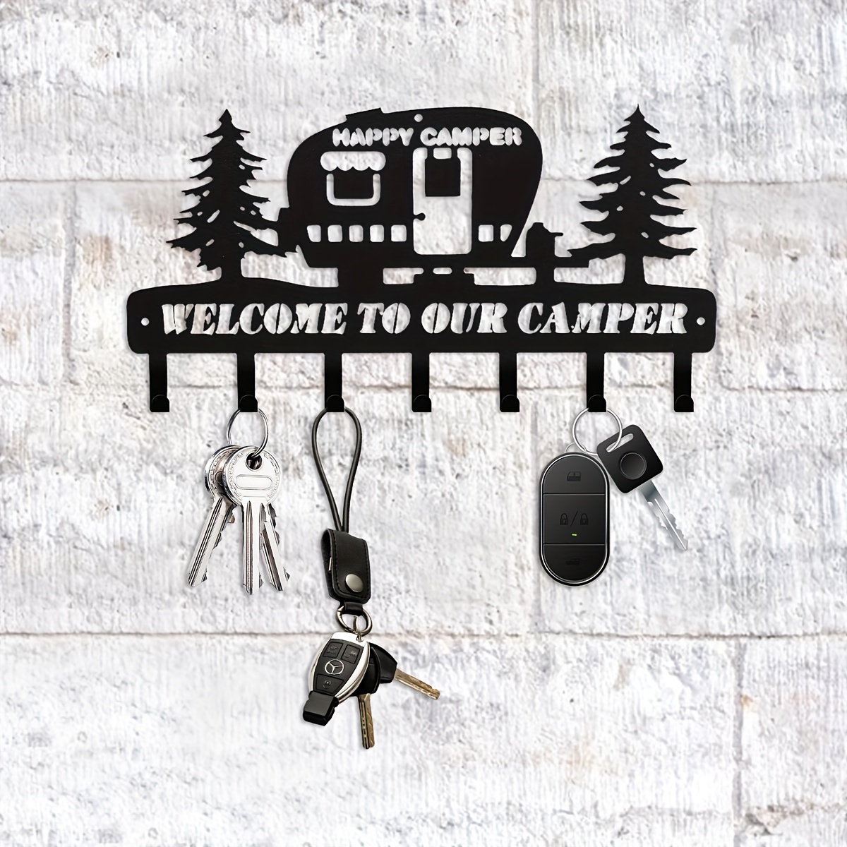 

Happy Camper Metal Key Holder With 7 Hooks - Contemporary Style Wall Mounted Decorative Key Rack With Pine Tree Design For Entryway, Kitchen, Hallway, Front Door - Universal Holiday Ornament Hooks