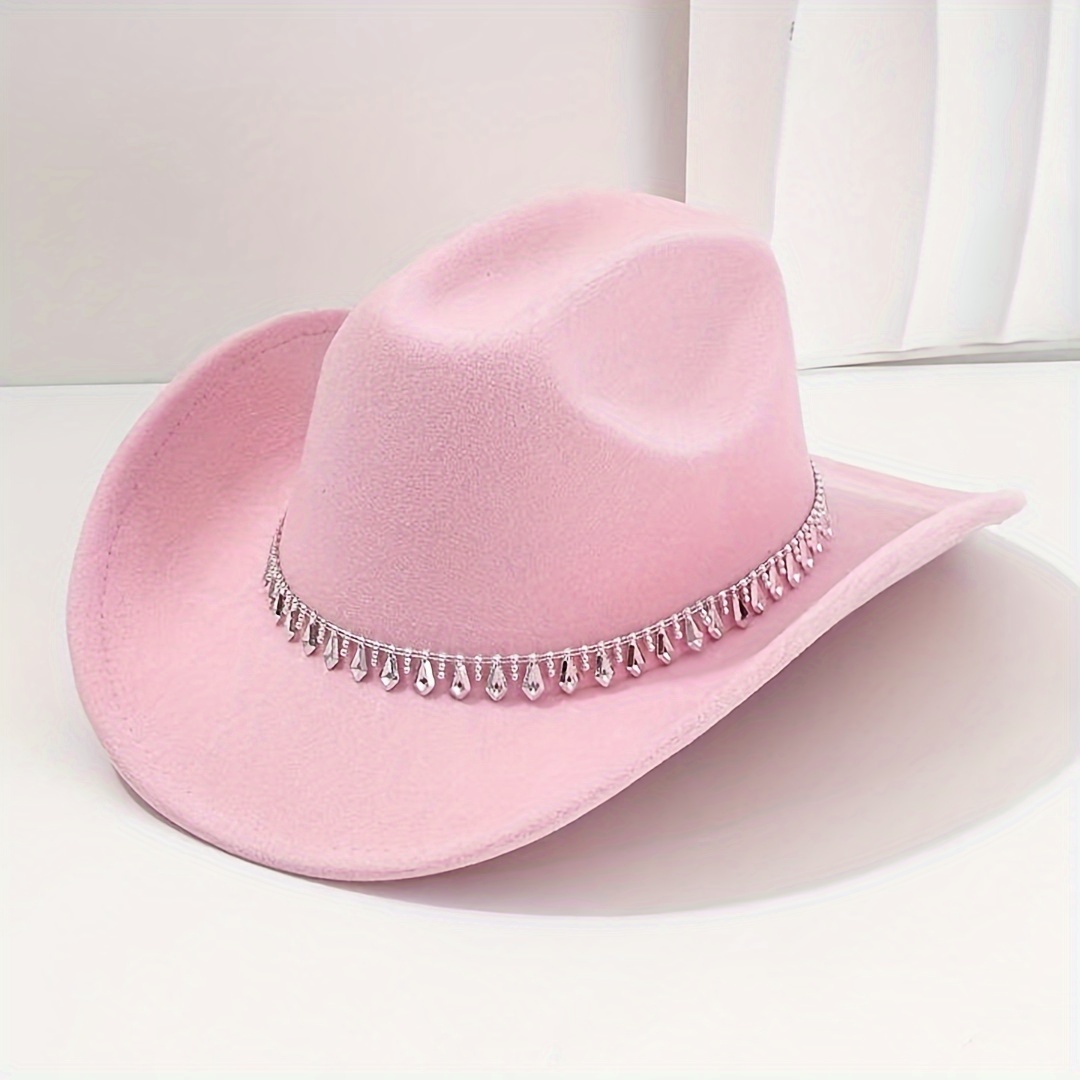Image of [top Hat] Women's High-end Fashion Versatile Top Hat Fashion Rhinestone One- Decorative Chain Belt Hat Hat Unisex Versatile Style Soft Brim Rolled Brim Hat