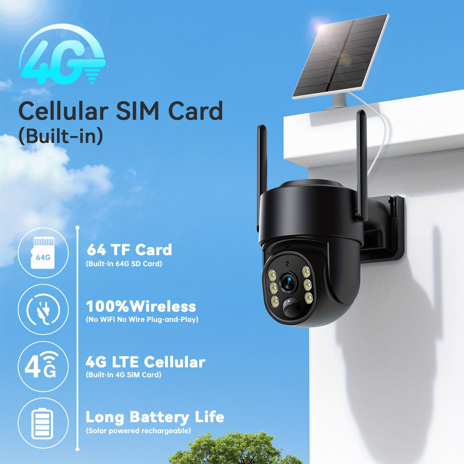 TEMU Wesecuu 4g Lte Cellular Solar Security Camera Wireless Outdoor, No Wifi Need Solar Powered Camera, 360° , 4mp Color Night Vision, Pir Motion
