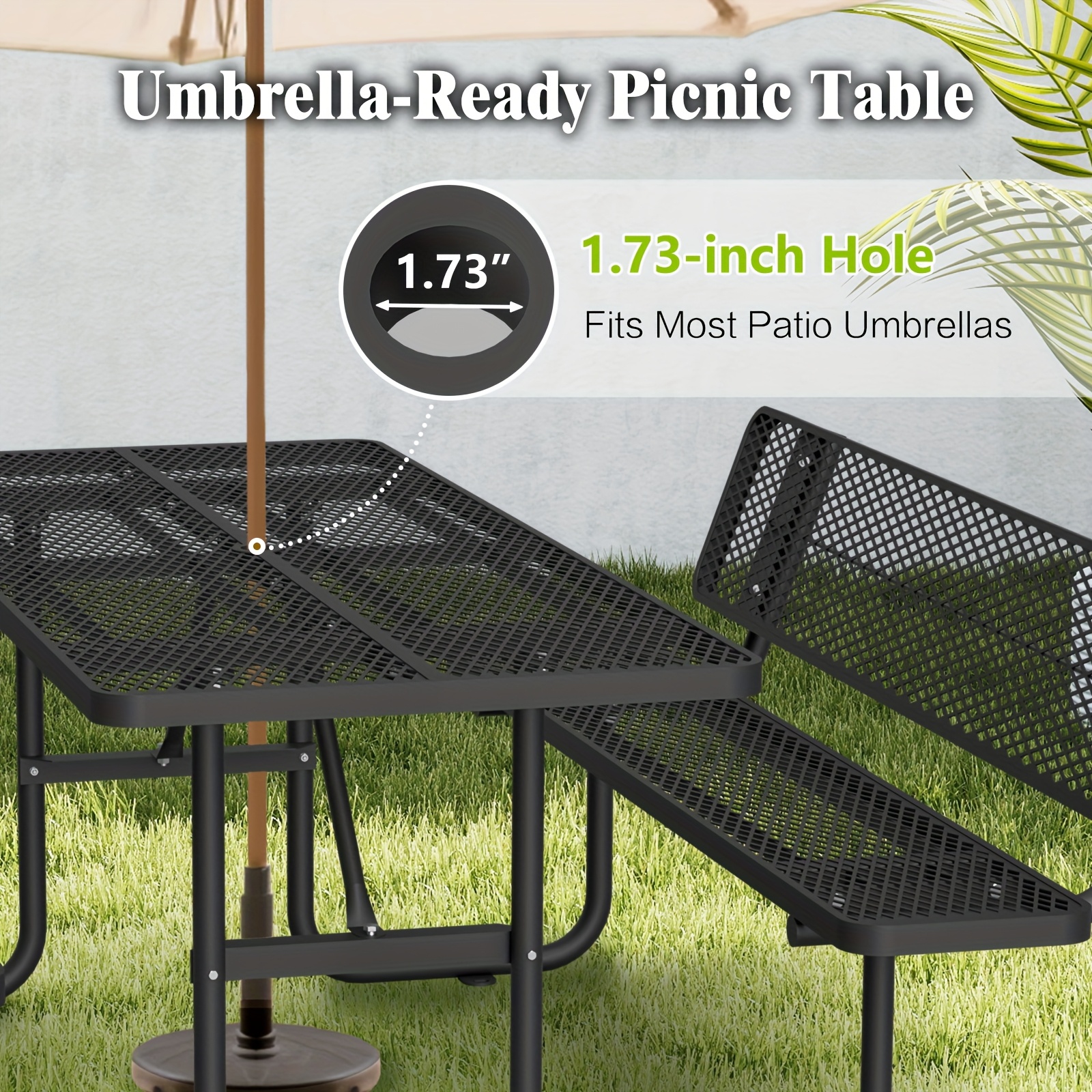 6-Person Outdoor Round Iron Picnic Table with Built-in Bench and Umbrella Hole, Suitable for Gardens, Courtyards, Patios, Lawns, Etc.