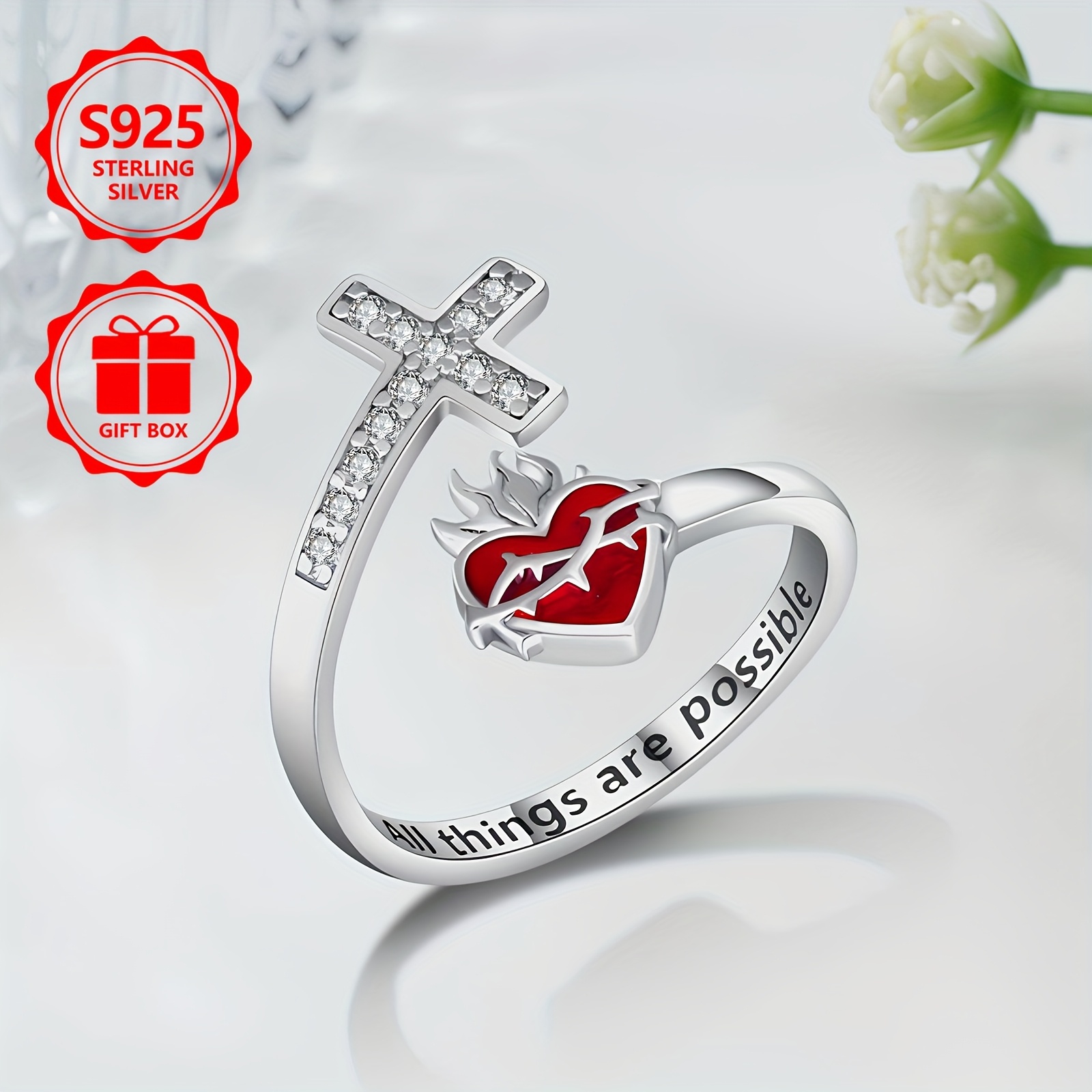 925 Silver Women's Sacred Heart Open Ring