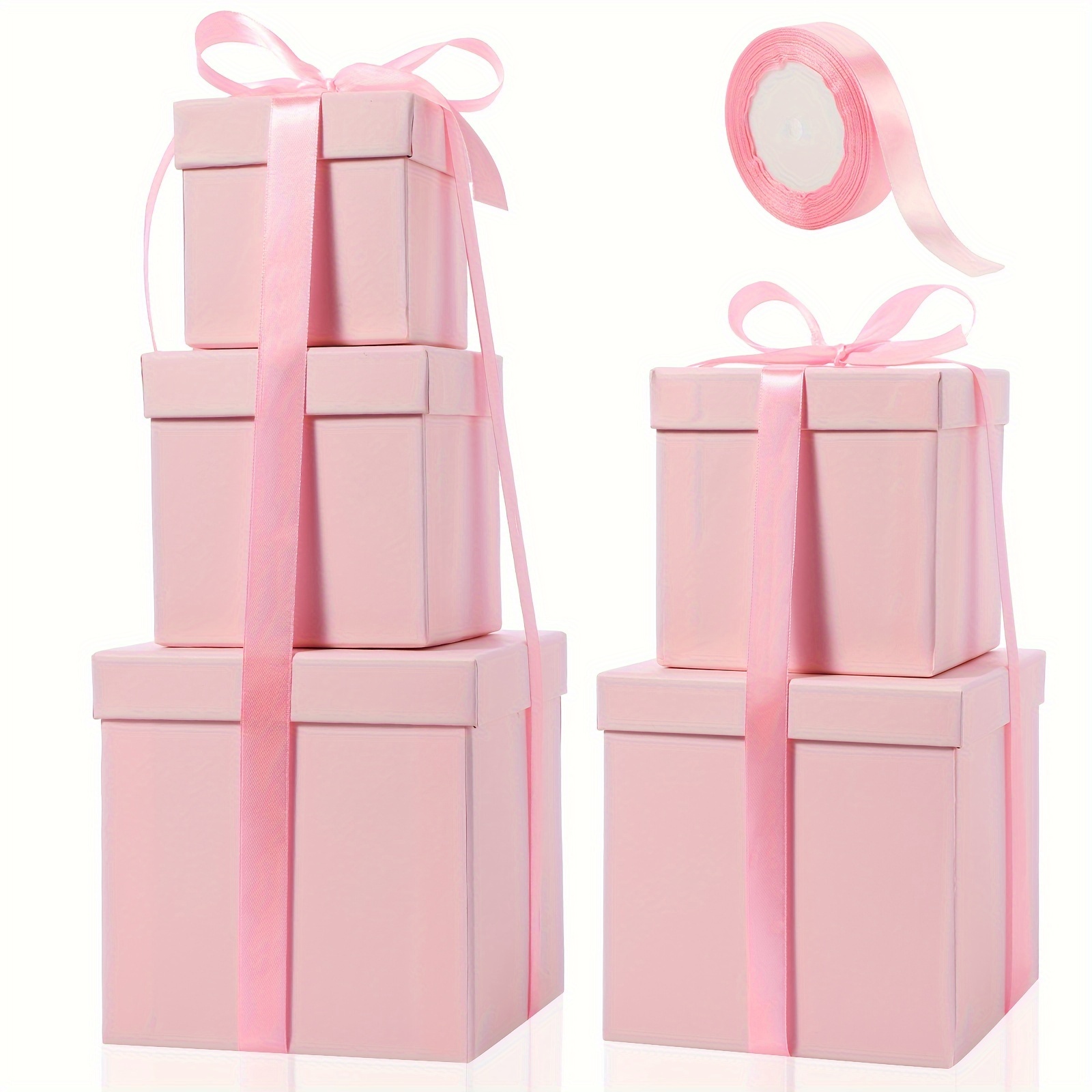 

5 Pcs Father's Day Gift Box With Lid And Ribbon Mixed Size Square Nesting Boxes Gift Present Box Gift Wrap Boxes For Men Women Birthday Wedding Anniversary Party (pink)