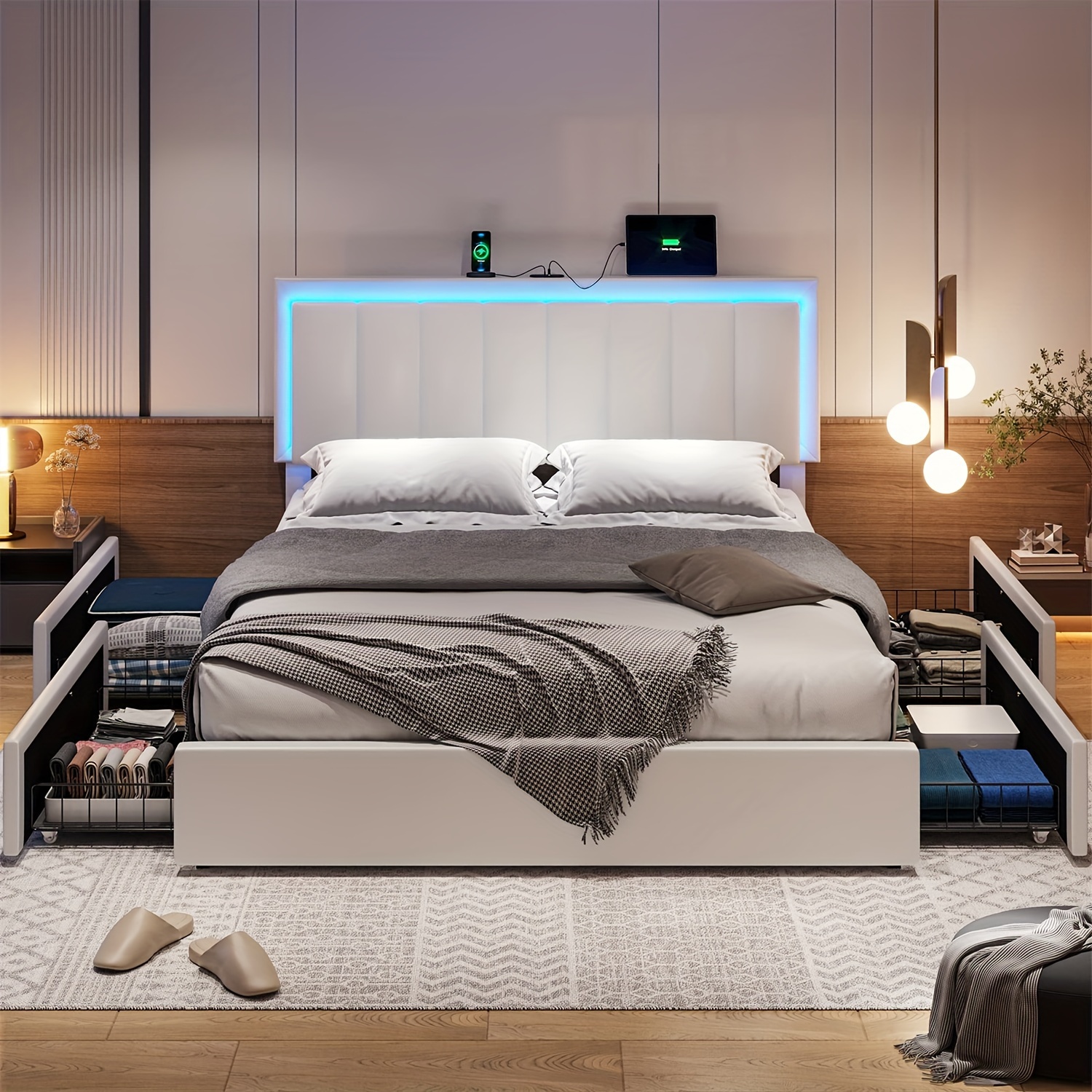 

Upholstered Bed Frame With Led Lights & Charging Station, Queen Size Platform Bed With 4 Drawers & Adjustable Headboard For Bedroom, White