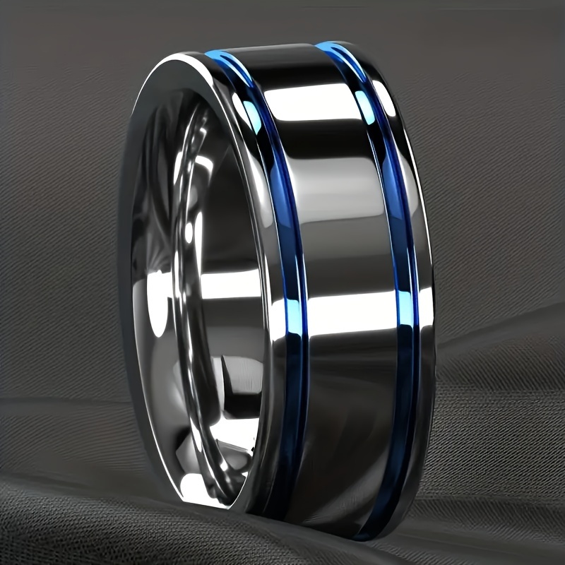 TEMU Fashionable Men's 8mm Blue Steel Ring - Domineering And Luxurious Style - Unique Engagement Jewelry For -garde Men
