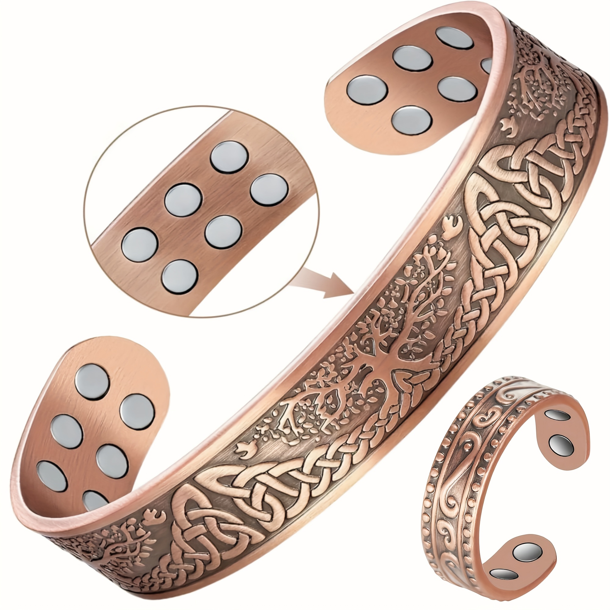 Image of 2pcs Copper Ring & Bracelet For Women Men, Adjustable Size Magnetic Copper Ring And Bracelet With Opening Design, Copper Jewelry Gifts