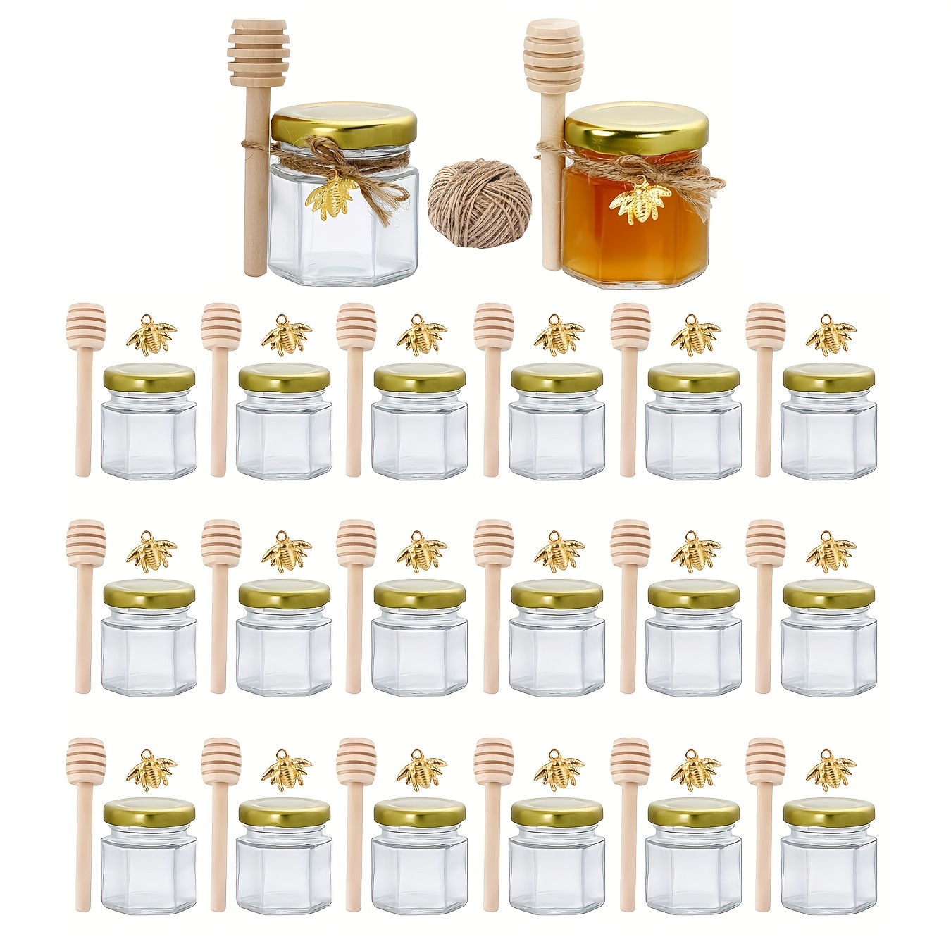 

20pcs/30pcs/50pcs/60pcs, Honey Jars, .5 Oz Hexagon Mini Glass Jar With Wood Golden Lid, Bee Pendant Jute Rope Small Containers Bottles For Jam Candies Honey, Bridal Shower Wedding And Party Favors