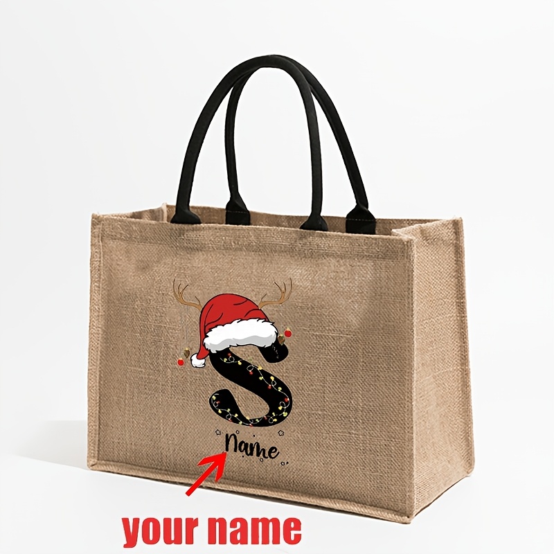 TEMU 1pc Personalized Christmas Initial With Name Pattern Shopping Large Personalized Beach Bag Monogrammed Gift Tote Bag For Women Xmas Eve Pouch