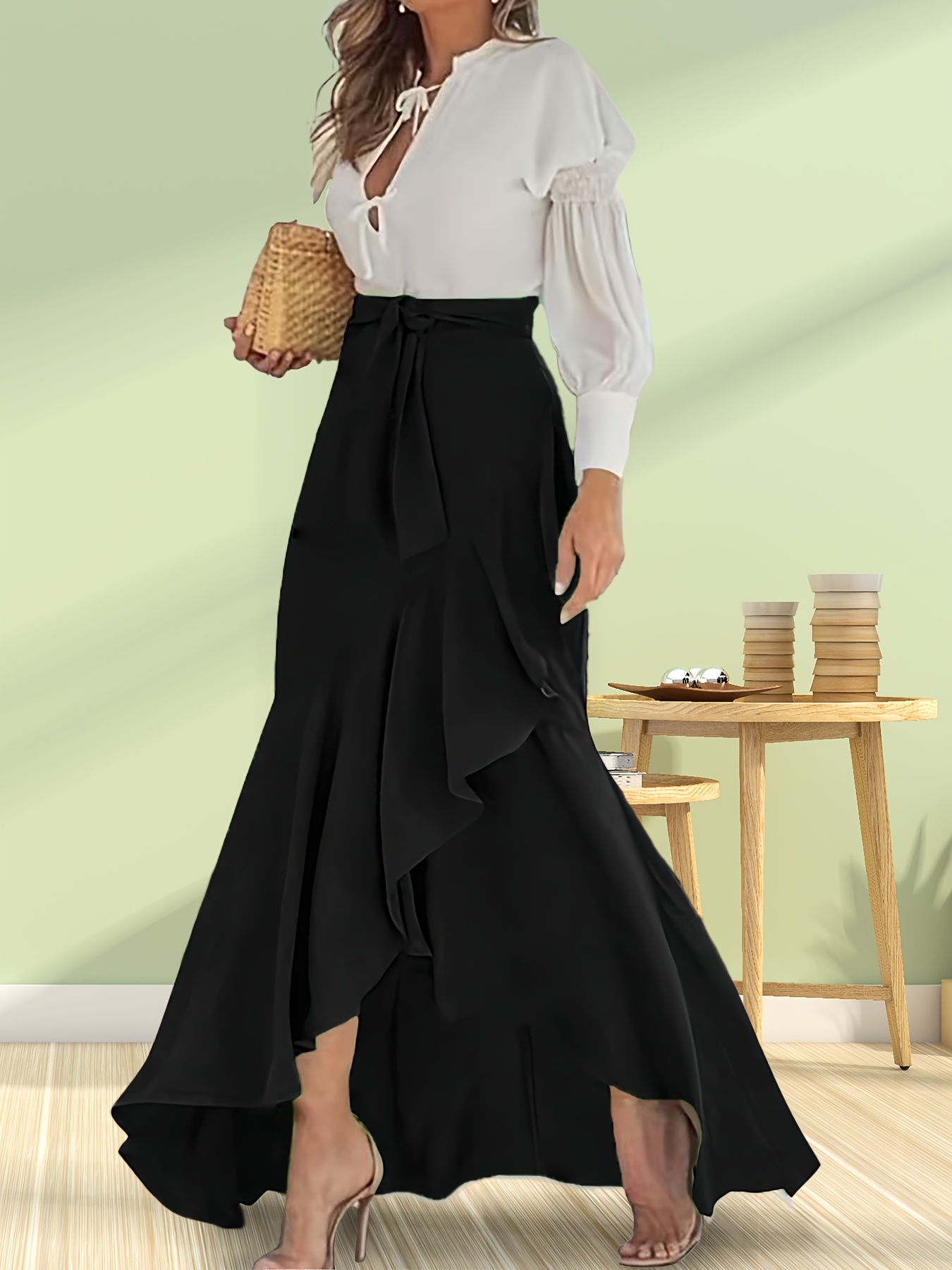 Elegant High-Waist Ruffle Hem Skirt with Belt Chic European Black  Spring/Summer/Fall, Fashion Skirt|Highwaisted Skirt| Flowing Silhouette
