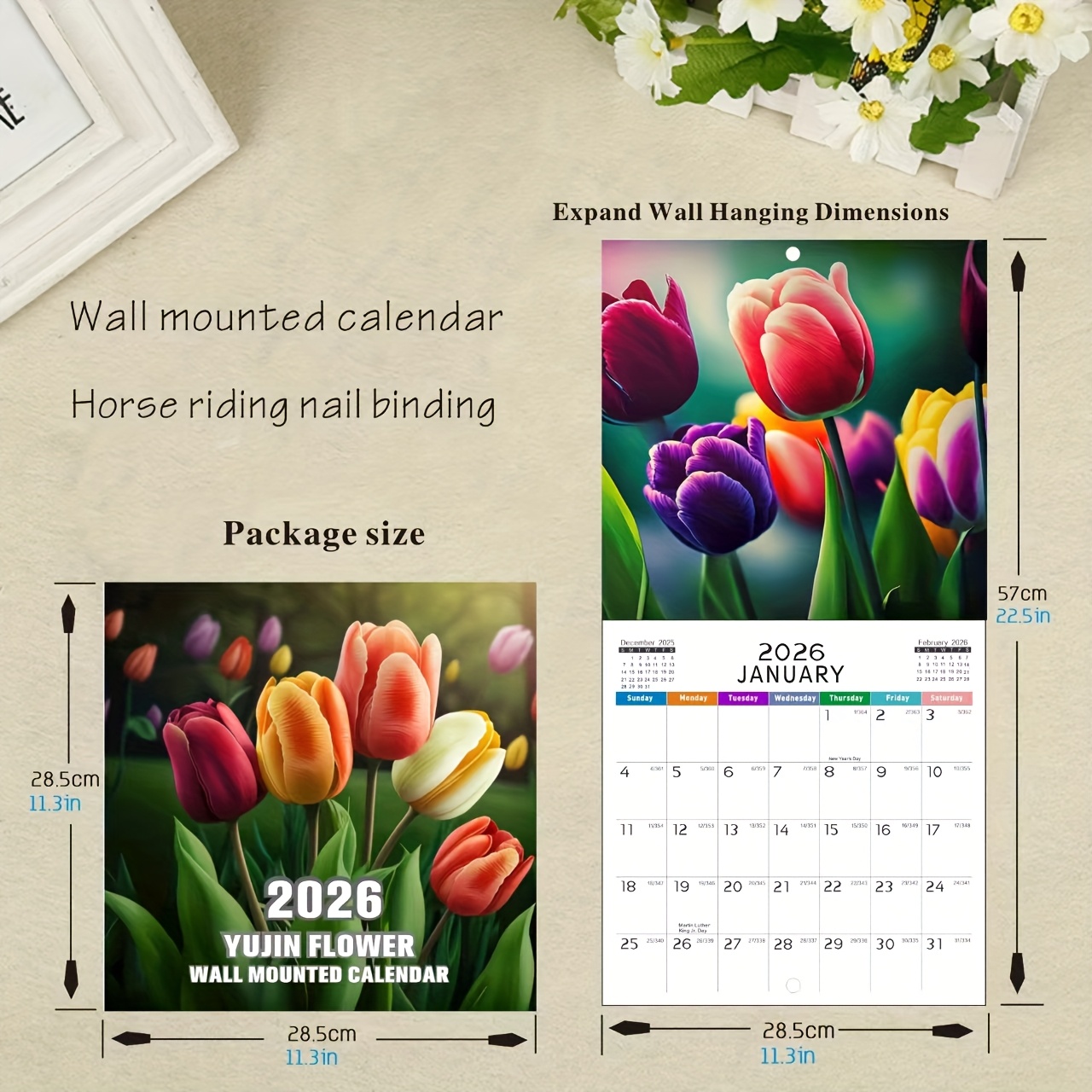 TEMU 2026 Watercolor Vogel & Tulpenkalender - December Florale Pagina met Inspirerende , Kleurrijke Tulpen & Watercolor Vogels, Perfect voor