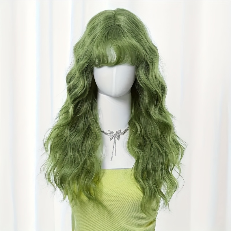 TEMU Perruque pour femme 26 pouces Y2K à frange, cheveux longs et bouclés vert herbe, pour festival de musique, , fête, respirante