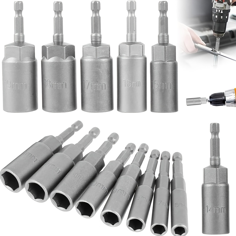 TEMU 14pcs Hexagonal Sockets Set Metal 6-19mm Deep Socket Adapter Kit Hex Shank Nut Driver Bits Set Quick Change Nut Setter