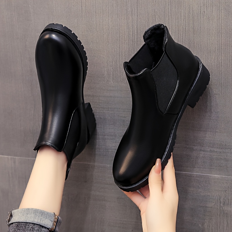 

Women' Ankle Boots For Fall & Winter - Sleek Black Slip-on With Chunky Heel, Round Toe, And Cozy Fabric