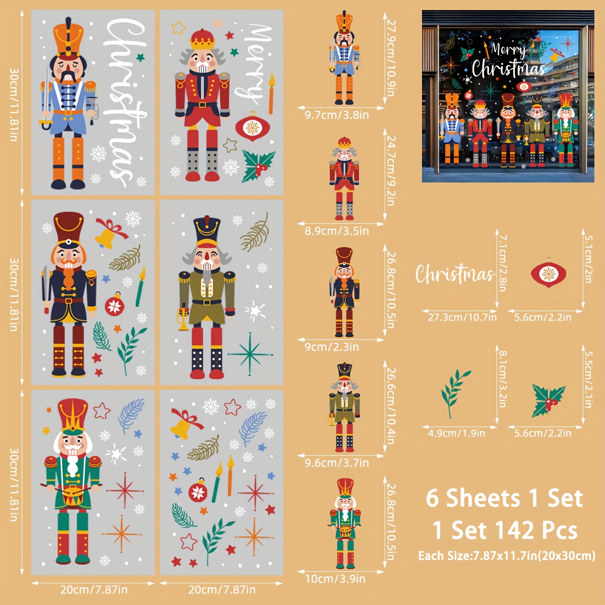 142pcs Christmas Window Clings Nutcracker Window Stickers Xmas Nutcracker Window Clings Decor Christmas Party Decorations Indoor Nutcracker Static Window Decoration Removable Christmas Party Supplies