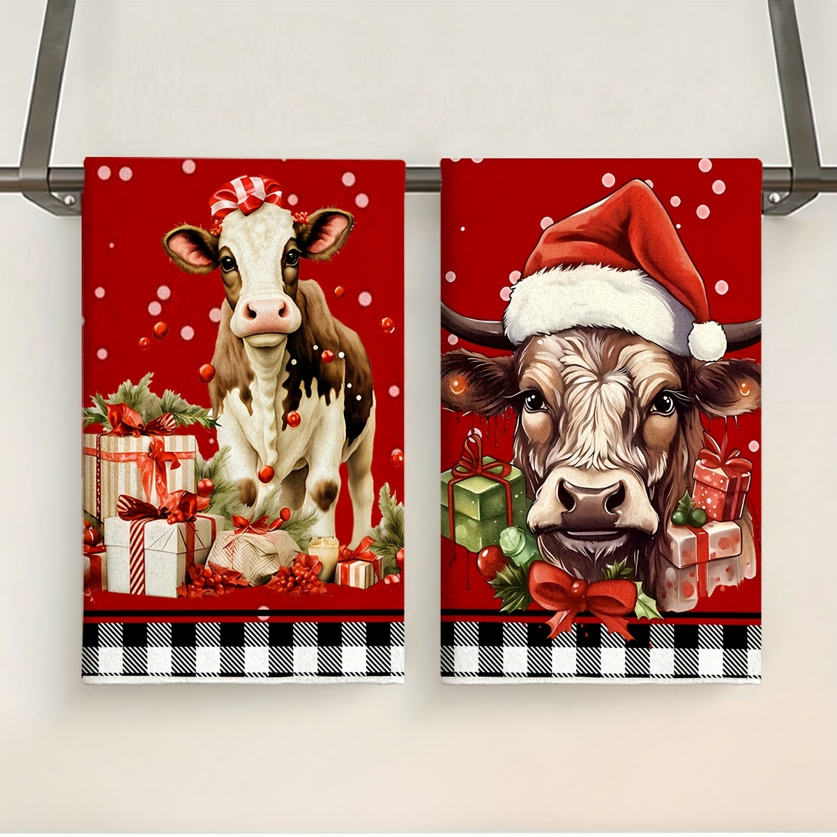 

Christmas Christmas Bull Set Of 2 Christmas Highland Cow Kitchen Towels, Farmhouse Style Microfiber Hand Towels, Cartoon Themed , Machine Washable, Knit Fabric, Holiday Decor And