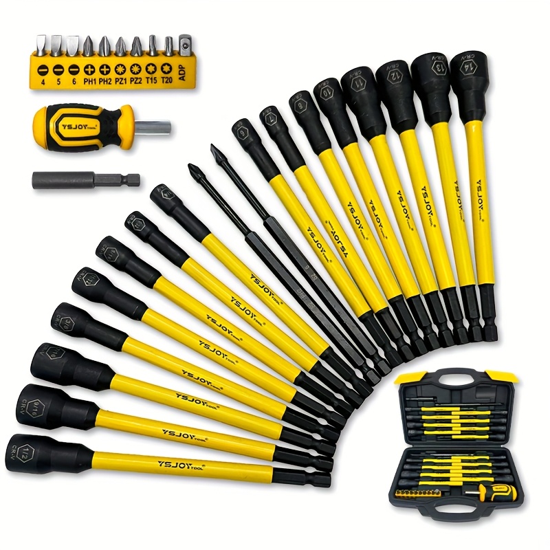 

30pcs Magnetic Nut Driver Set, Hexagonal Head, Metal Long Shank Bits, 6-inch Metric & Sae, 1/4" Hex Shank Drills, Includes Storage Case