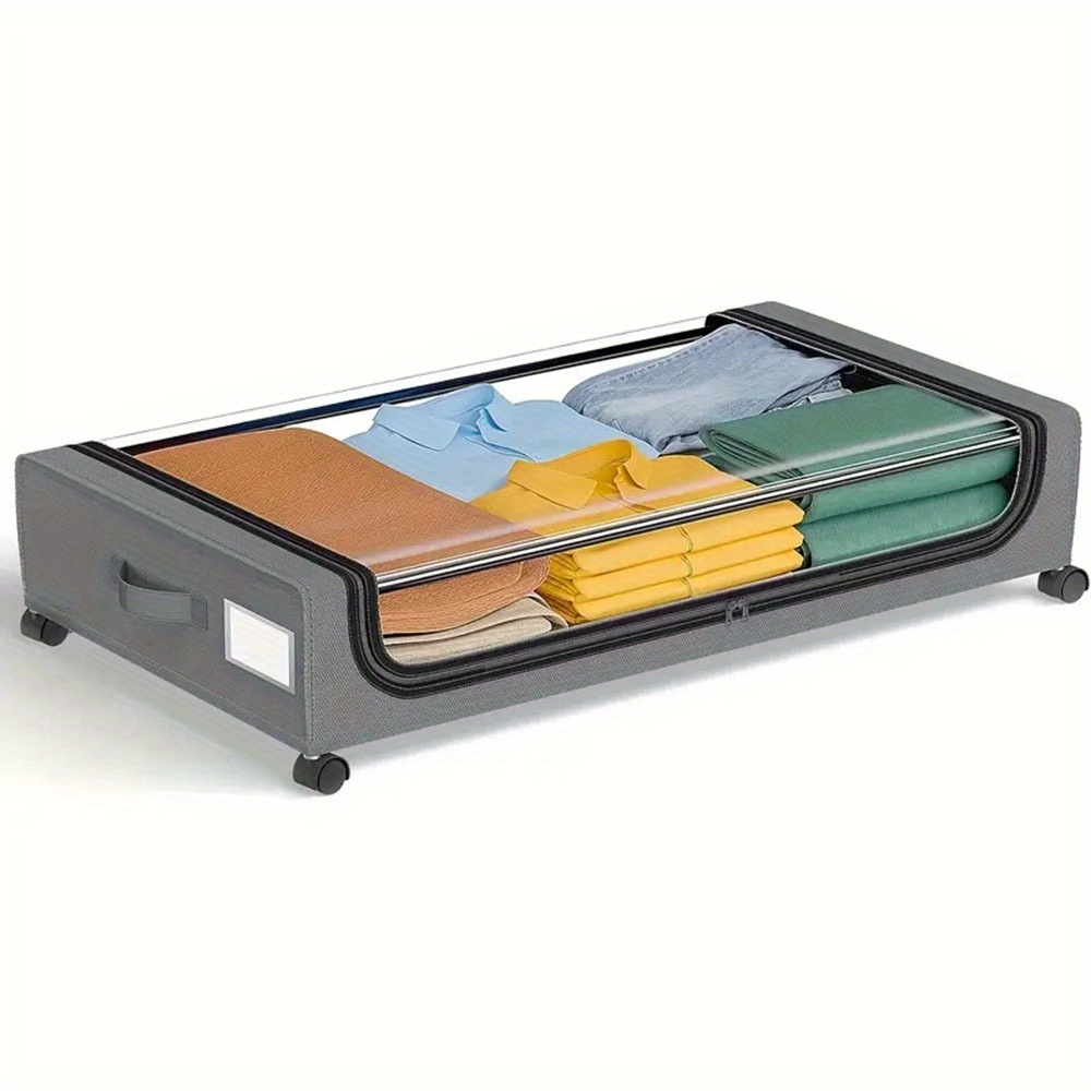 TEMU 1 Pack Large Under Bed Storage Organizer With Wheels, Clear Lid - Multi-compartment Rolling Drawer For Clothes, Shoes, - Black Metal Frame With