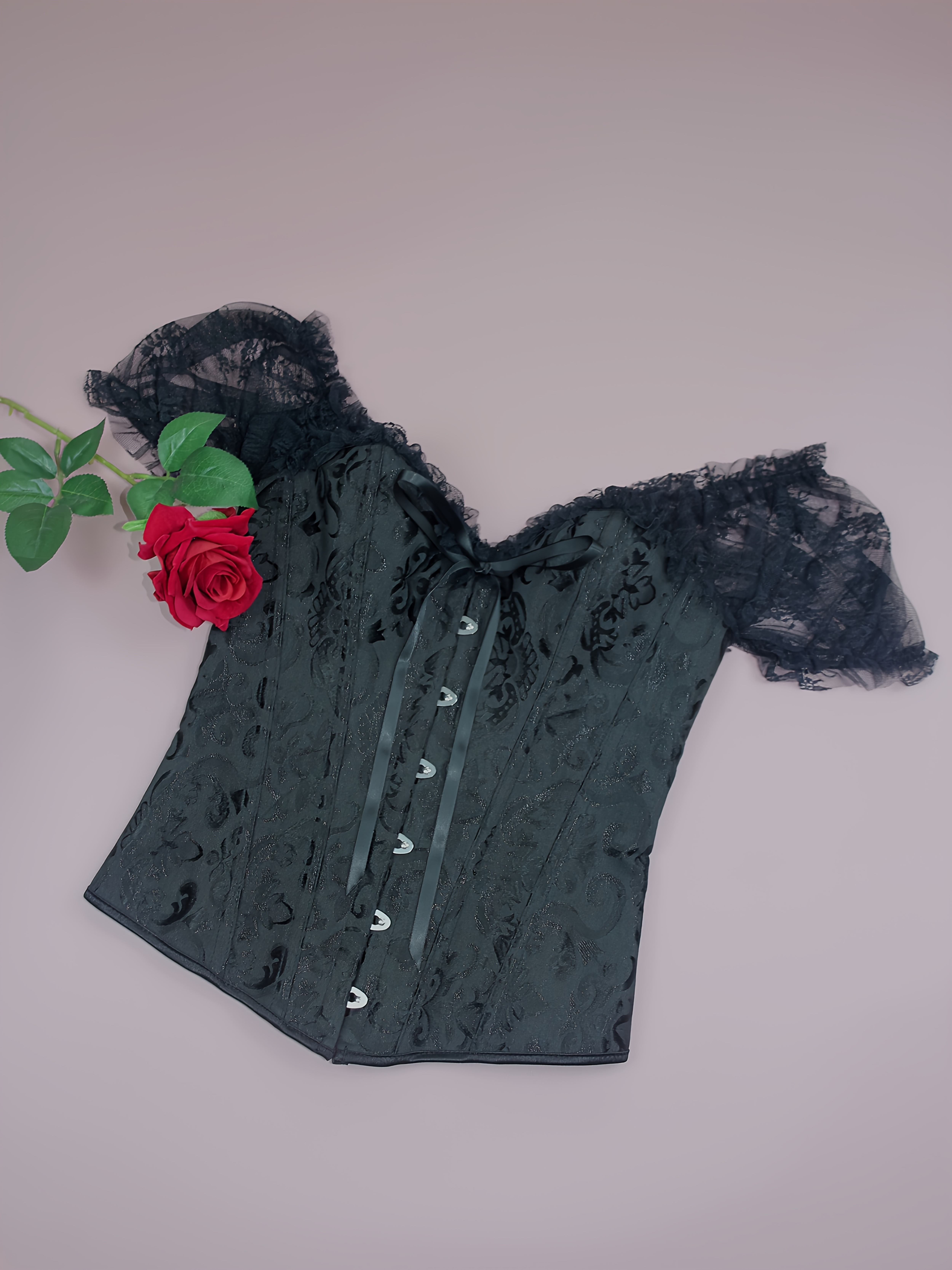 Gothic Style Black Lace Corset Top with Red Hair - Women'S V-Neck Bodycon Dress, Floral Pattern, Non-Stretch Fabric, X-Back Design, Perfect for Adult Costume Parties & Themed Events, Themed Event Attire | Gothic Fashion | Intricate Lace Detailing