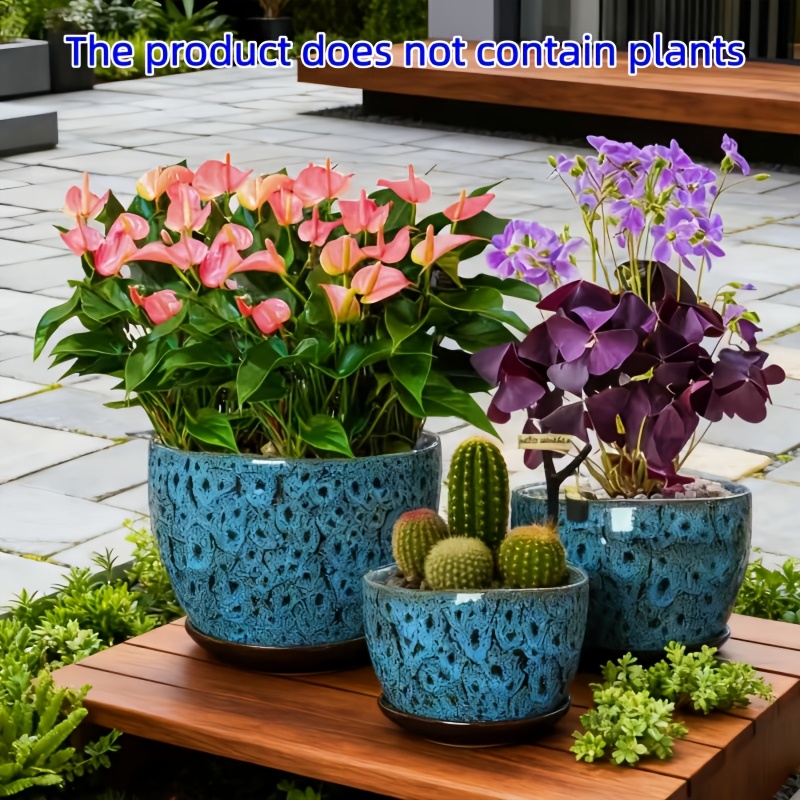 TEMU Veined Texture Ceramic Flower Pot 3pcs Set, Mouth Diameter 5.1/4.9/3.9 Inches, With Saucer Design, High-end Tabletop Planter For Flowers Plants,