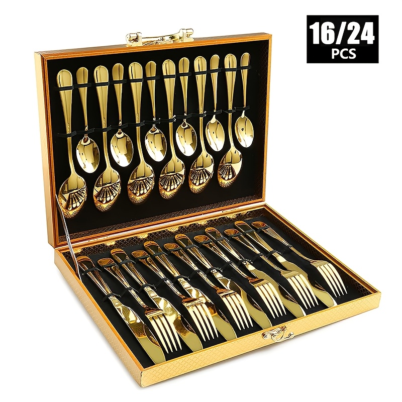 item picture 16 24pcs 1010 stainless steel flatware set with wooden box premium stainless steel cutlery set   polished dishwasher safe suitable for restaurants kitchens camping and outdoor use