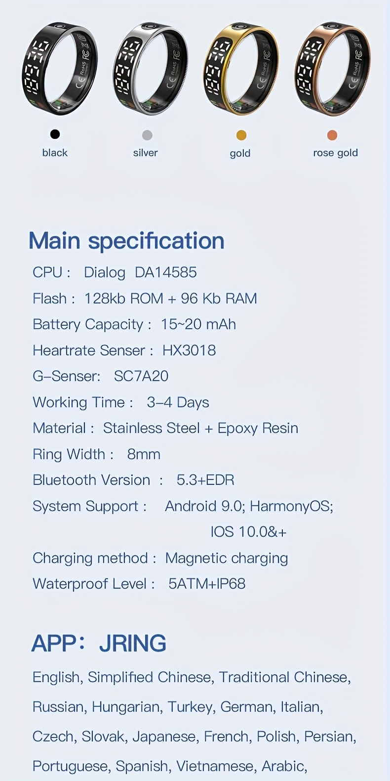 Protingas žiedinis fizinio aktyvumo seklys su ekranu, įrašo žingsnius, atstumą, kalorijas, miegą, stebi judėjimą, suderinamas su iPhone ir Android, atsparus vandeniui pagal IP68 standartą, išmanieji papuošalų priedai, tinkami moterims ir vyrams kaip dovanos, Valentino dienai ir kitoms šventinėms progoms