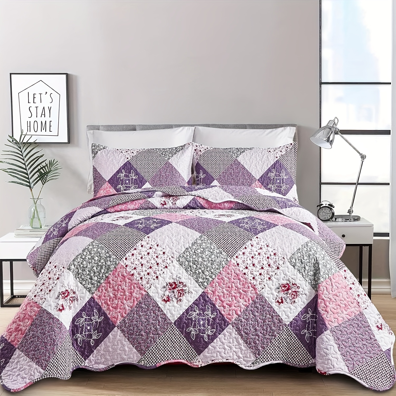 TEMU Ensemble de Couette Violet Taille Queen, Motif Réversible Patchwork et à Carreaux, Literie en Microfibre Douce et Légère, Couvre-lit 3 Pièces