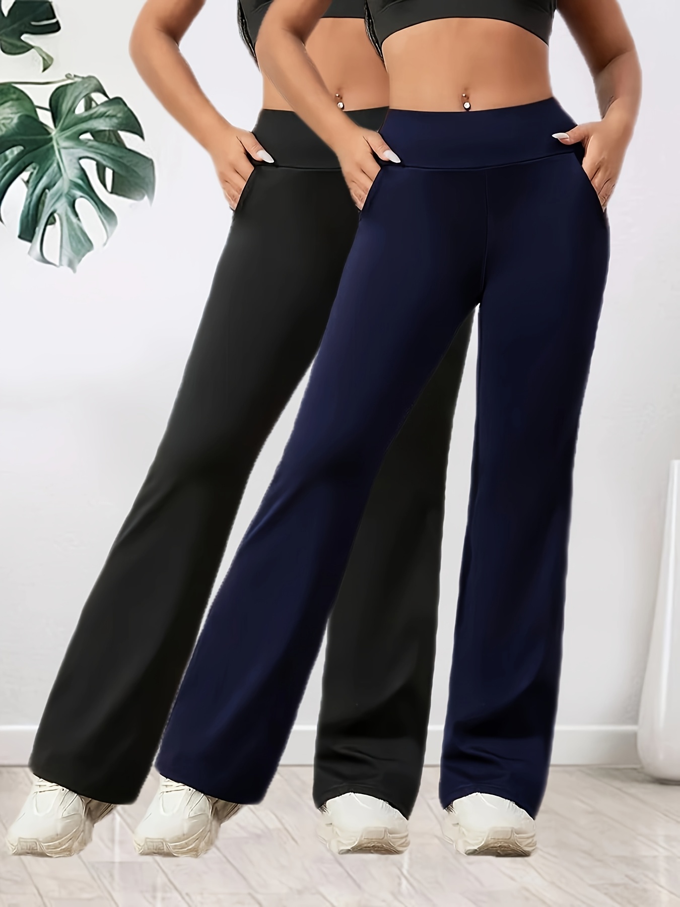 2pcs womens high waist wide leg flare pants stretchy elastic waistband breathable loose fit for yoga walking casual   olive green   pockets     pants  able footwear