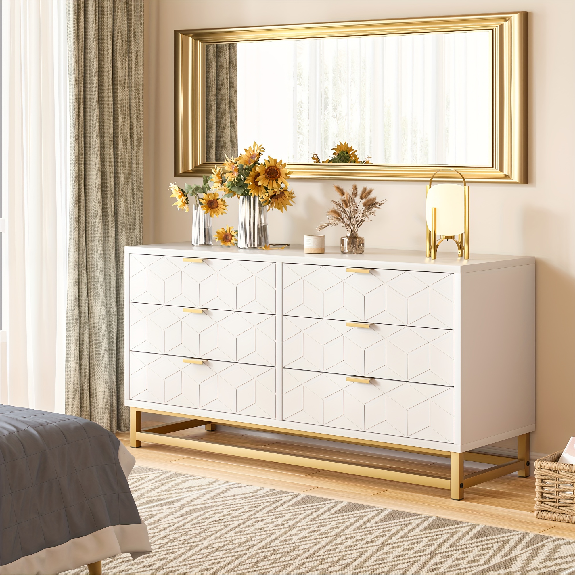 TEMU Tropow Closet With 6 Drawers, Gold Pulls, Gold Base, Diamond Style For Bedroom, Living Room