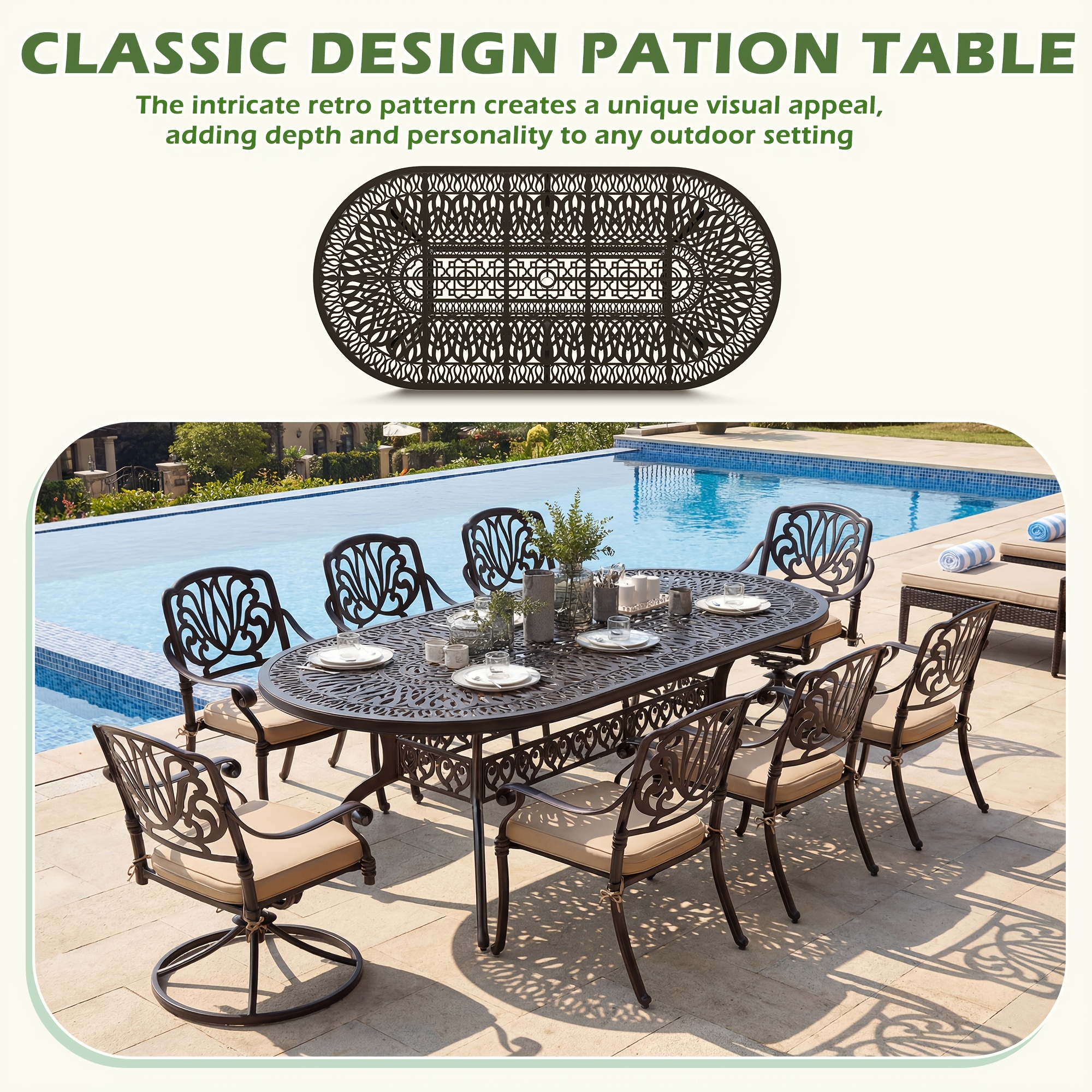 9pcs cast aluminum patio furniture outdoor dining sets for 8   87 oval patio dining table and 8 chairs with cushions umbrella hole bronze Product details 4
