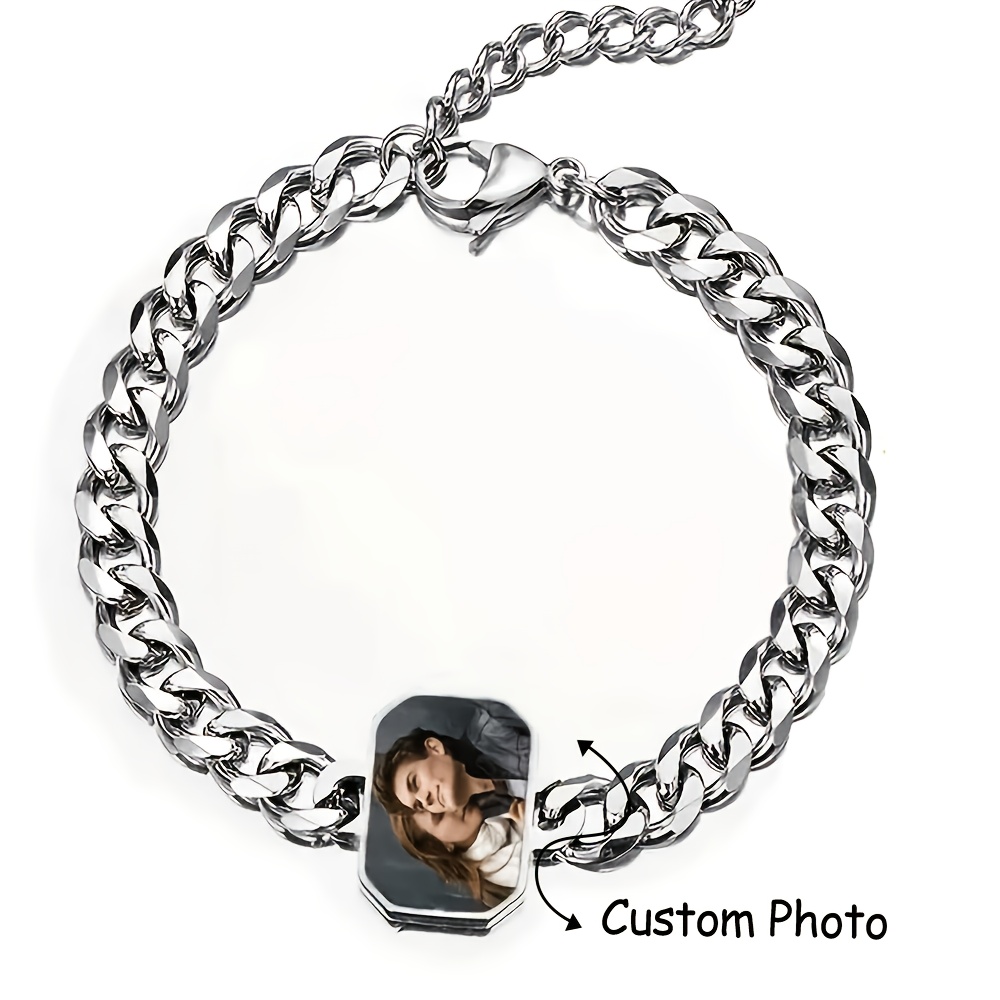 TEMU Bracelet Photo Coloré Personnalisé | Bracelet Homme à Maillons Cubains Plaqué Or , Étanche, 6.69inch+1.97inch, Idéal pour le Port , Cadeaux et