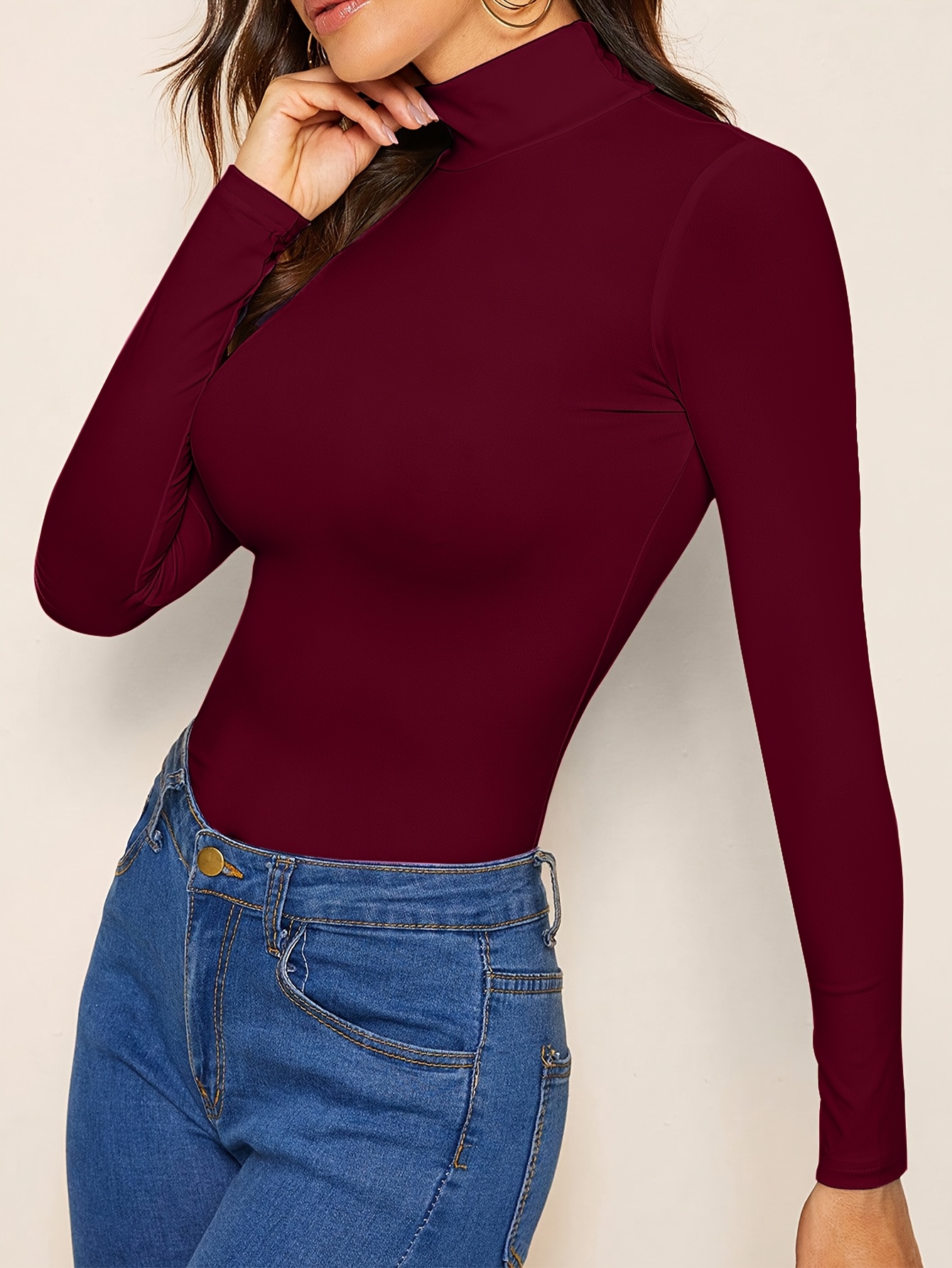 Solid Color Mock Neck T-Shirt, Versatile Long Sleeve T-Shirt For Spring & Fall, Women's Clothing