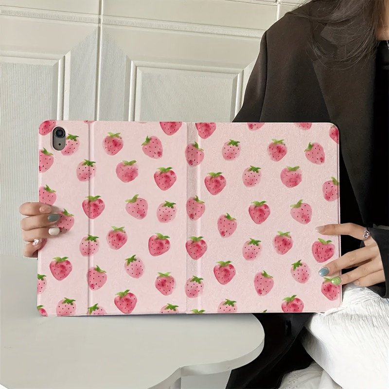 TEMU Book-style Pink Strawberry Case For Ipad 9th Gen 2021, Tablet Cover For Ipad 9th Gen 10.2-inch, Cartoon Air5 Case With Pencil Slot For 12.9-inch