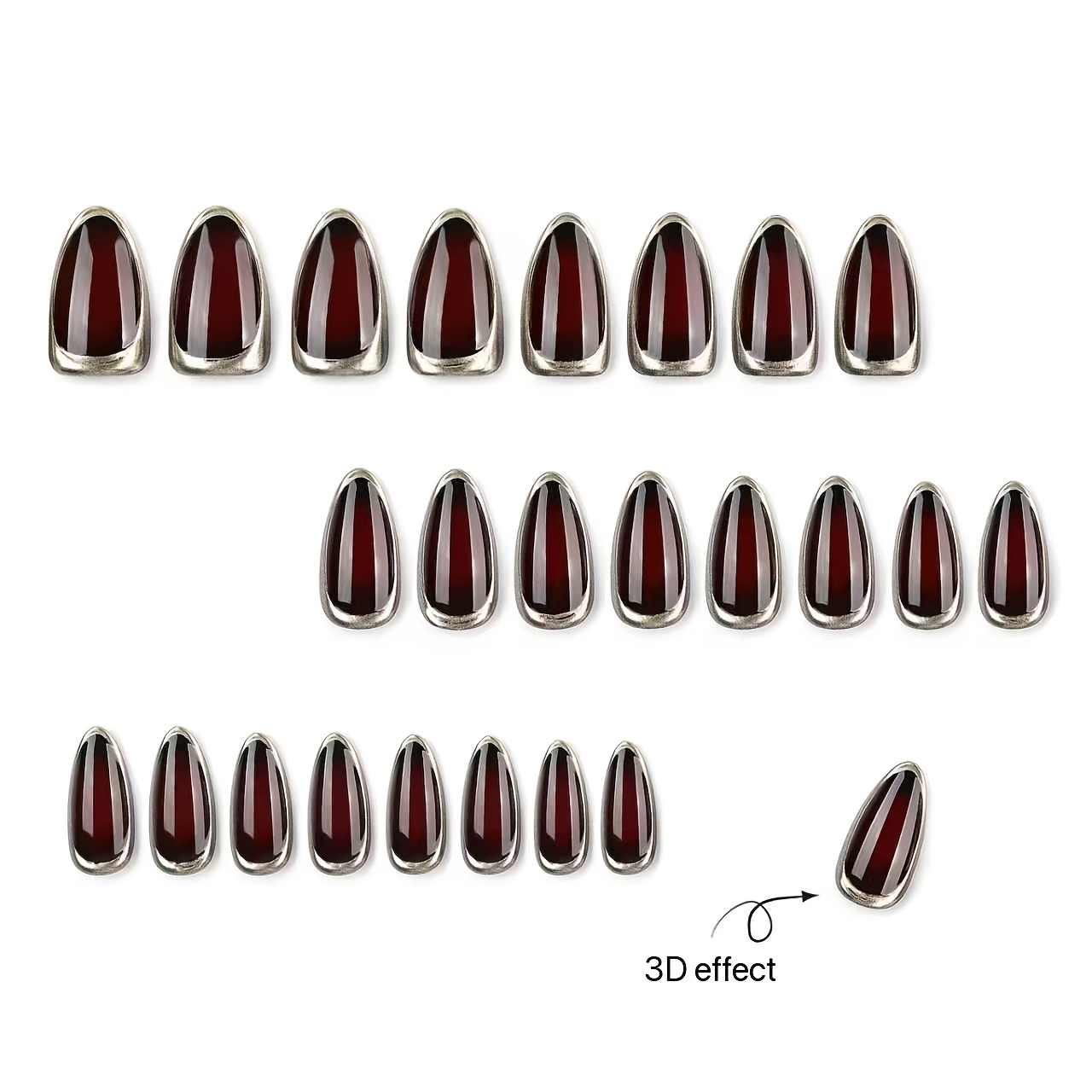 TEMU 24pcs Medium-length Pointed Almond-shaped Press-on Nails, Transparent Jelly Wine Red Color. Full Nail Tips Feature A Mirrored Golden Metallic