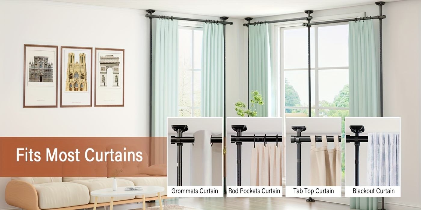 No Drill Room Divider Curtain Rod - Heavy Duty Adjustable Freestanding Partition with Tension Mount (No Drilling Required) - Frame Suitable for Apartments, Offices, Dorms - Easy Install/Remove, Height 4-10ft, Width 28-114in (Black/White)
