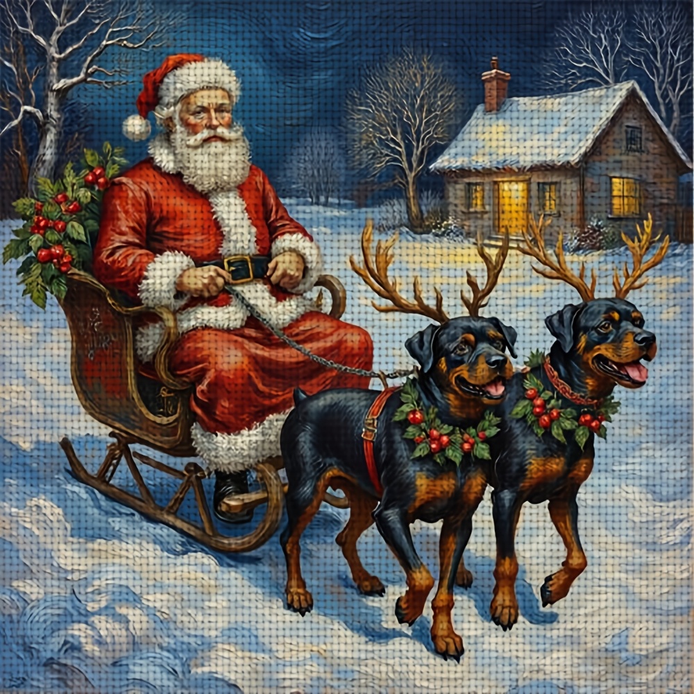 New DIY Cross-Stitch Printed Kit, Santa Pulled by Sled Dogs