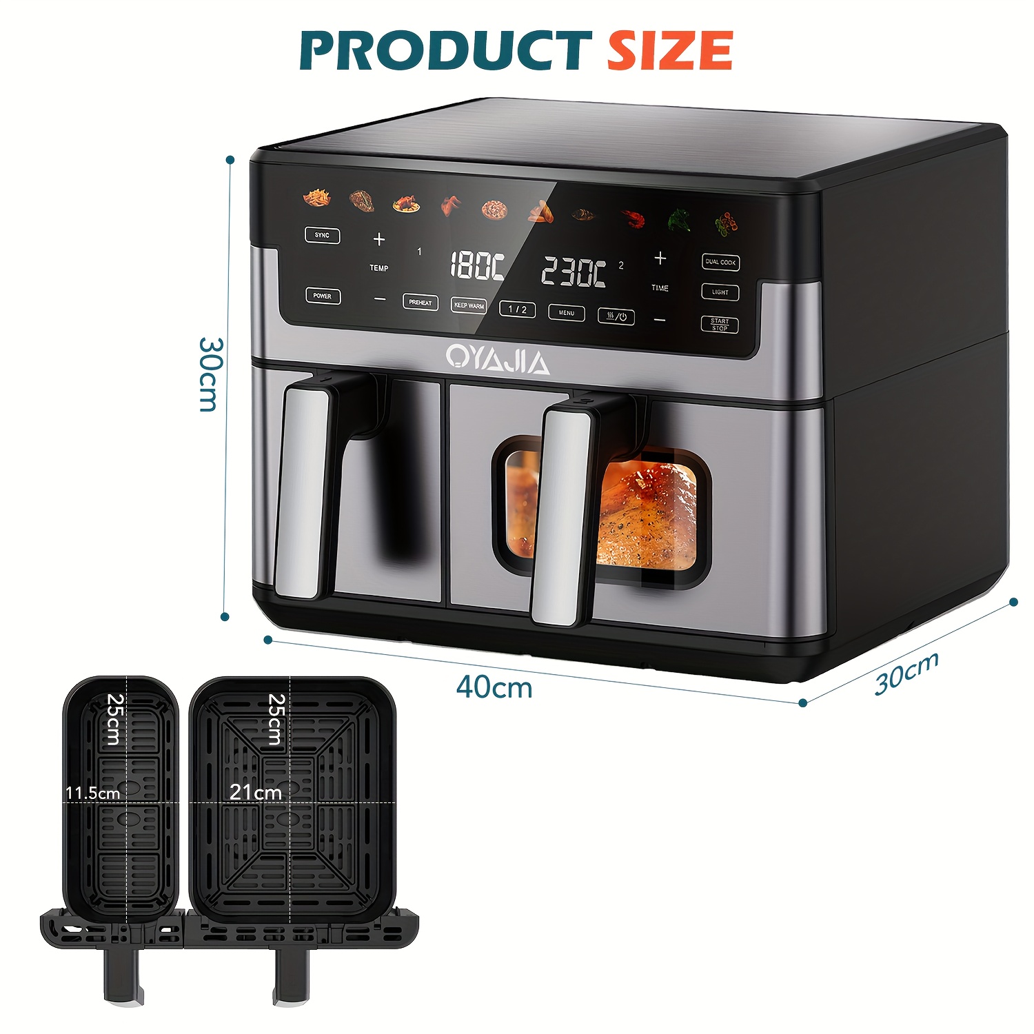10L Luchtfriteuse-oven met dubbele mand, doorzichtige ramen, Sync-afwerking, Hi-Fry, automatische uitschakeling, 2 onafhankelijke (3,5L+6,5L) -aanbak, vaatwasserbestendige frituurmanden, digitale dubbele luchtfriteuse, grillen, braden, uitlekken, bakken